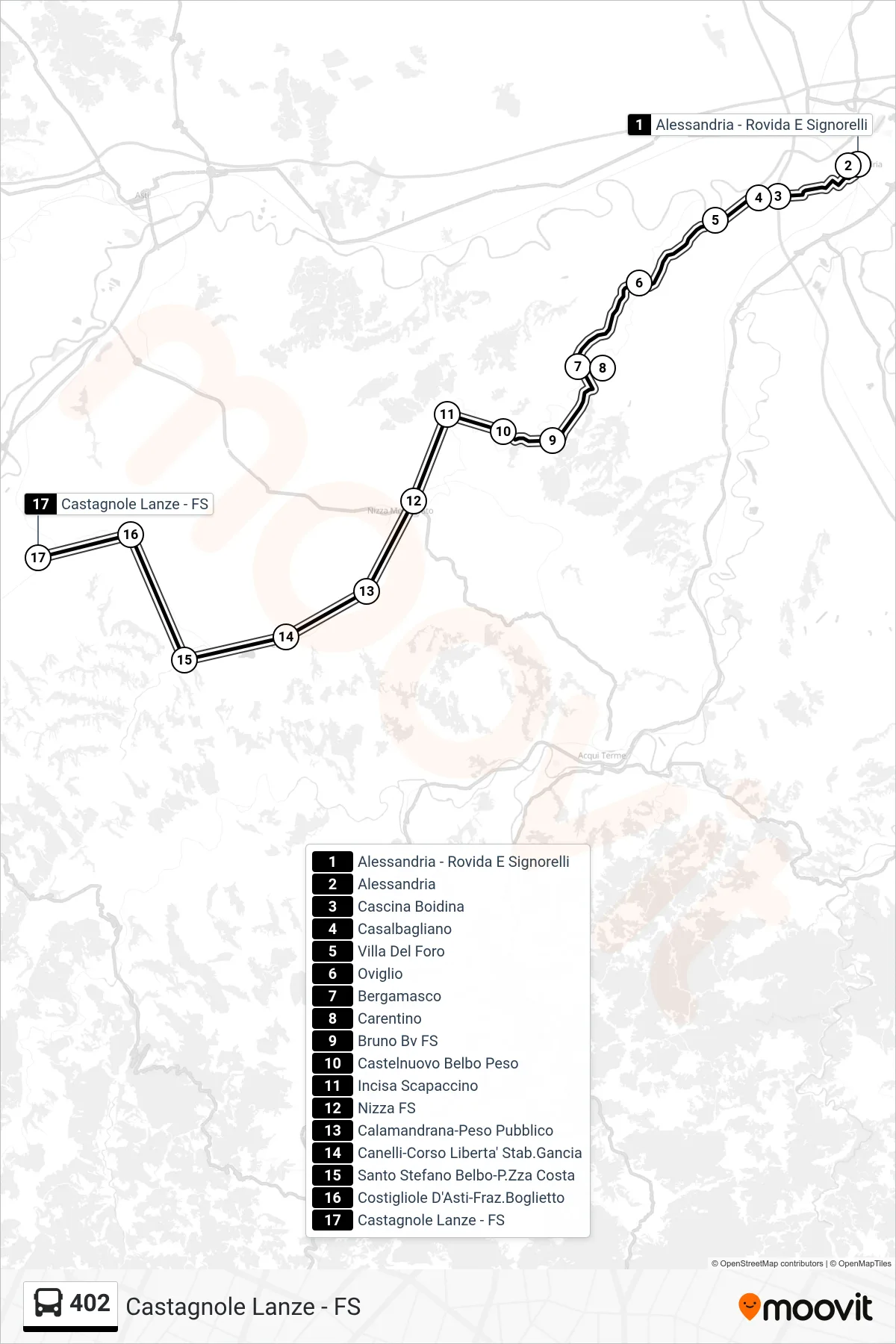 Linea 402 bus (Castagnole Lanze - FS) - Percorsi e fermate sulla mappa