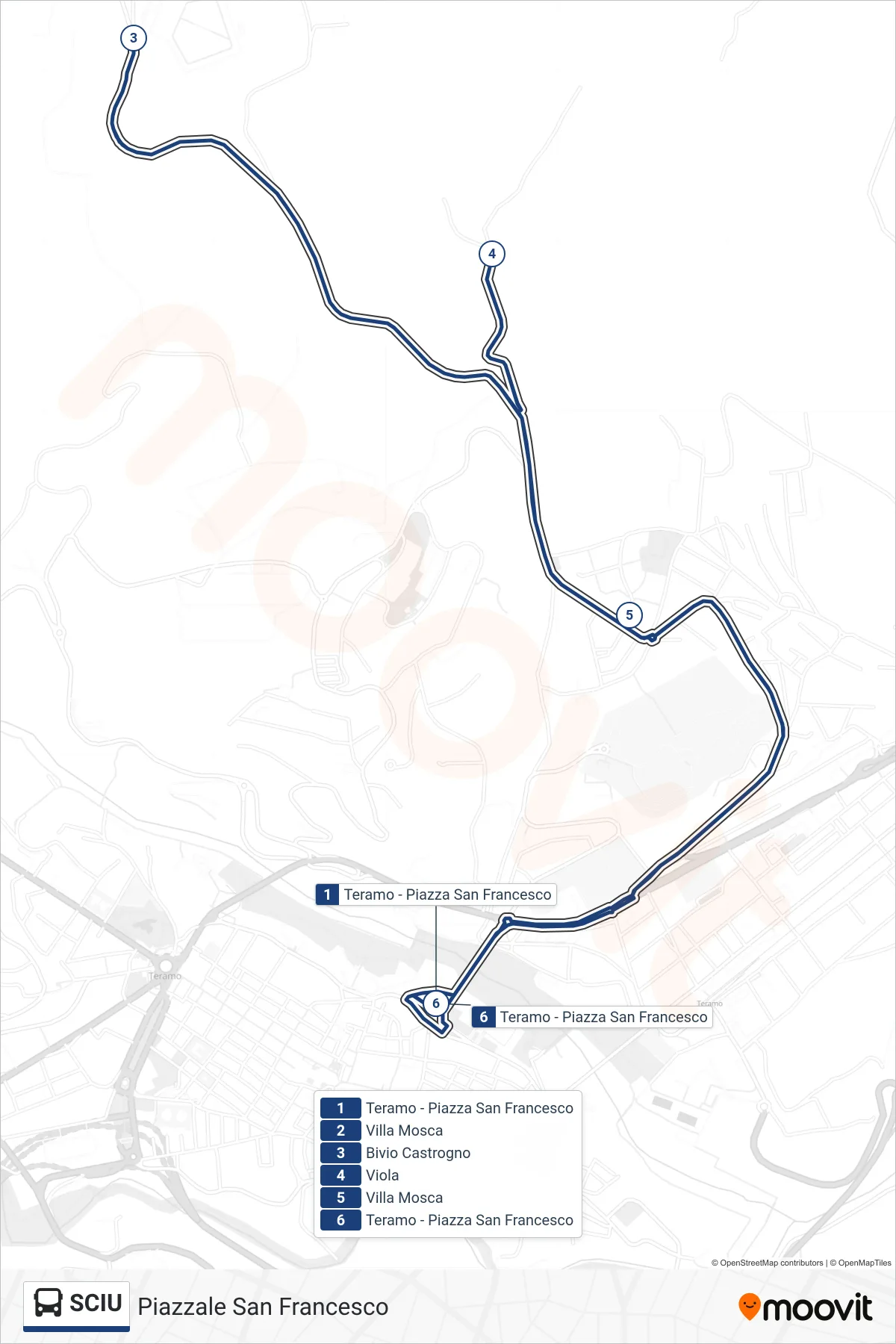 SCIU bus Line (San Francesco Square) route and stops on a map