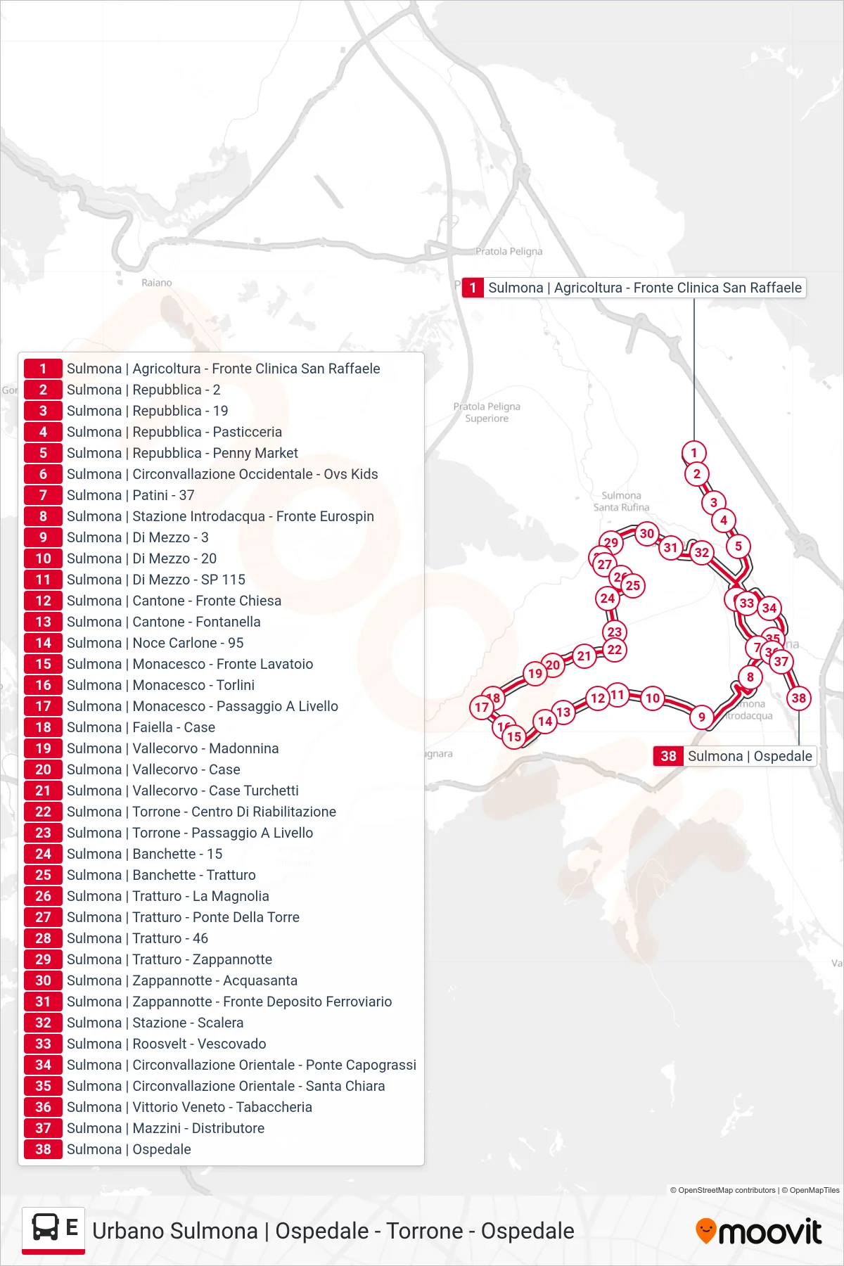 Linea E bus (Ospedale (via Clinica San Raffaele)) - Percorsi e fermate sulla mappa