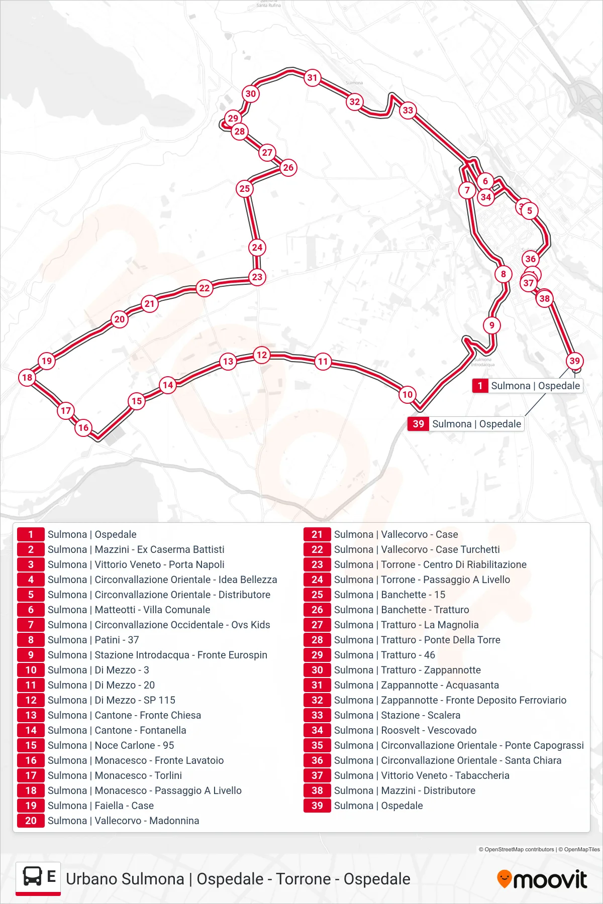 Linea E bus (Ospedale (circolare)) - Percorsi e fermate sulla mappa