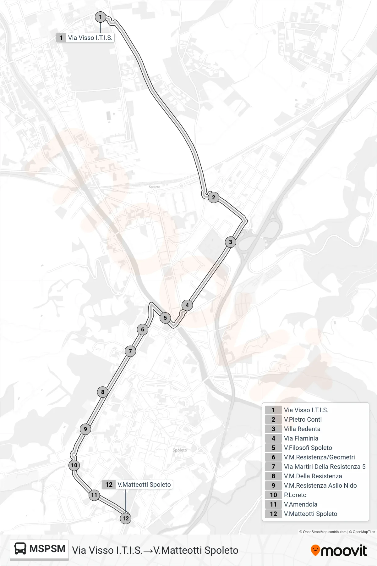 Linea MSPSM bus (Via Visso I.T.I.S.→V.Matteotti Spoleto) - Percorsi e fermate sulla mappa