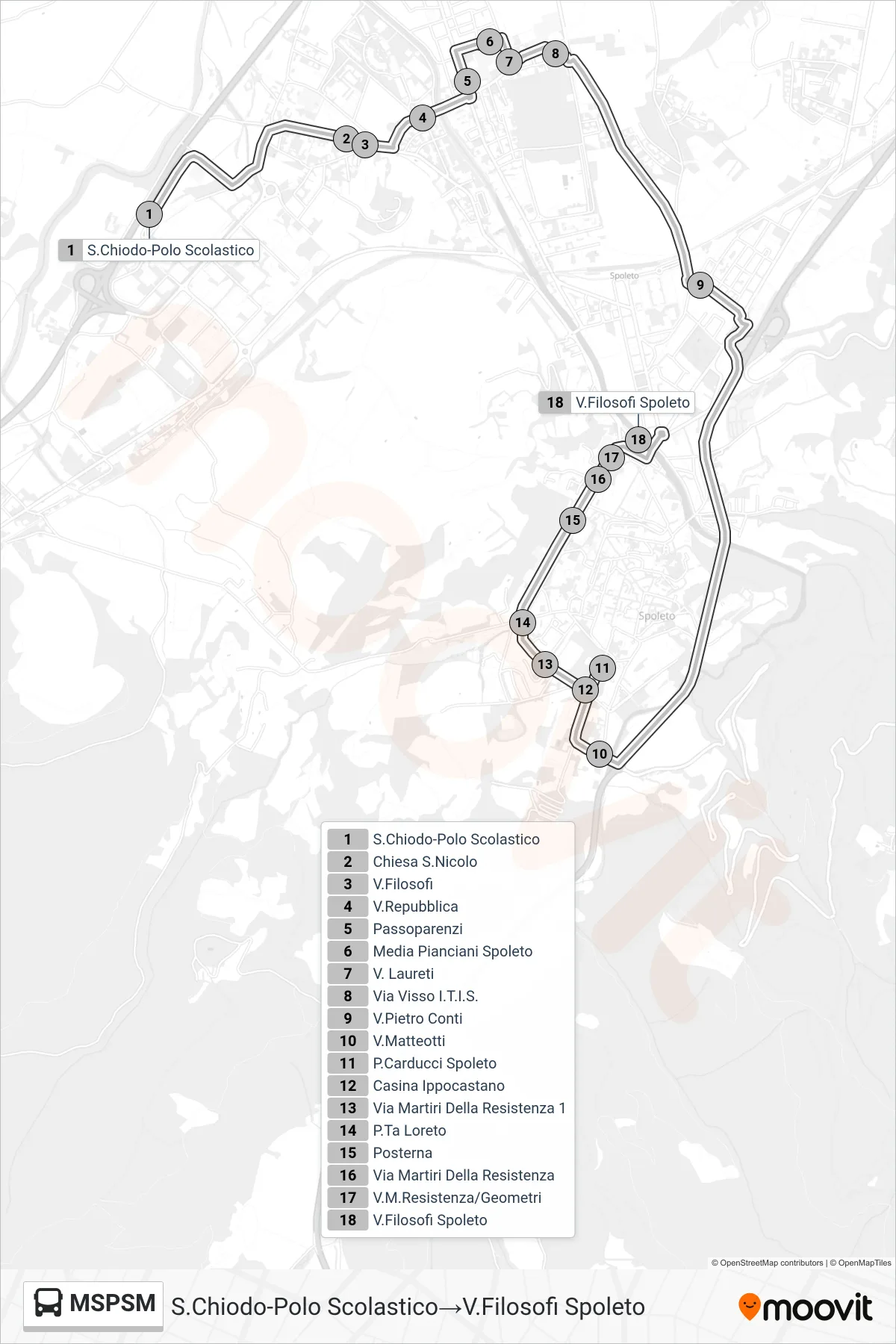 Linea MSPSM  bus (S.Chiodo-Polo Scolastico‎→V.Filosofi Spoleto) - Percorsi e fermate sulla mappa