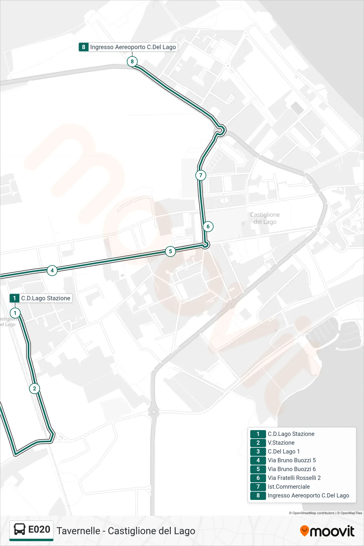 Linea E020  bus (C.D.Lago Stazione‎→Ingresso Aereoporto C.Del Lago) - Percorsi e fermate sulla mappa
