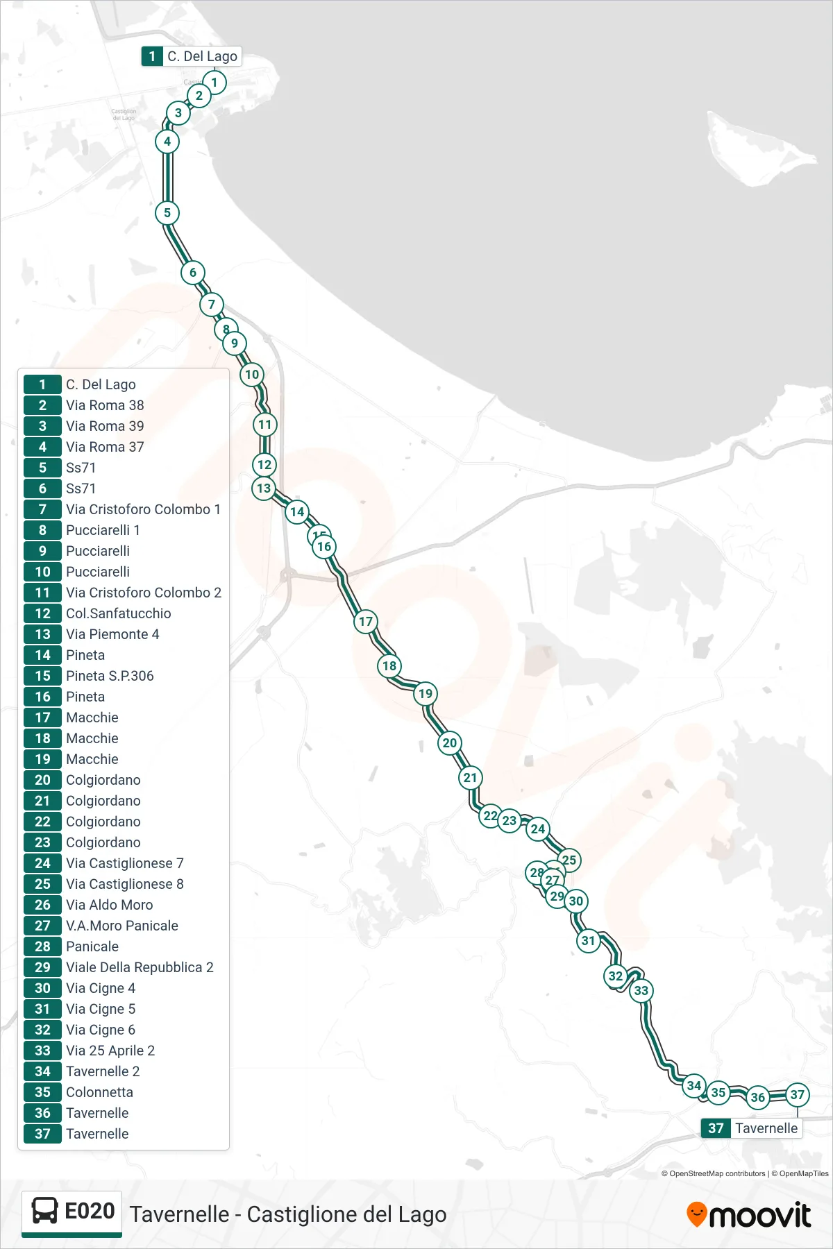 Linea E020 bus (C. Del Lago→Tavernelle) - Percorsi e fermate sulla mappa