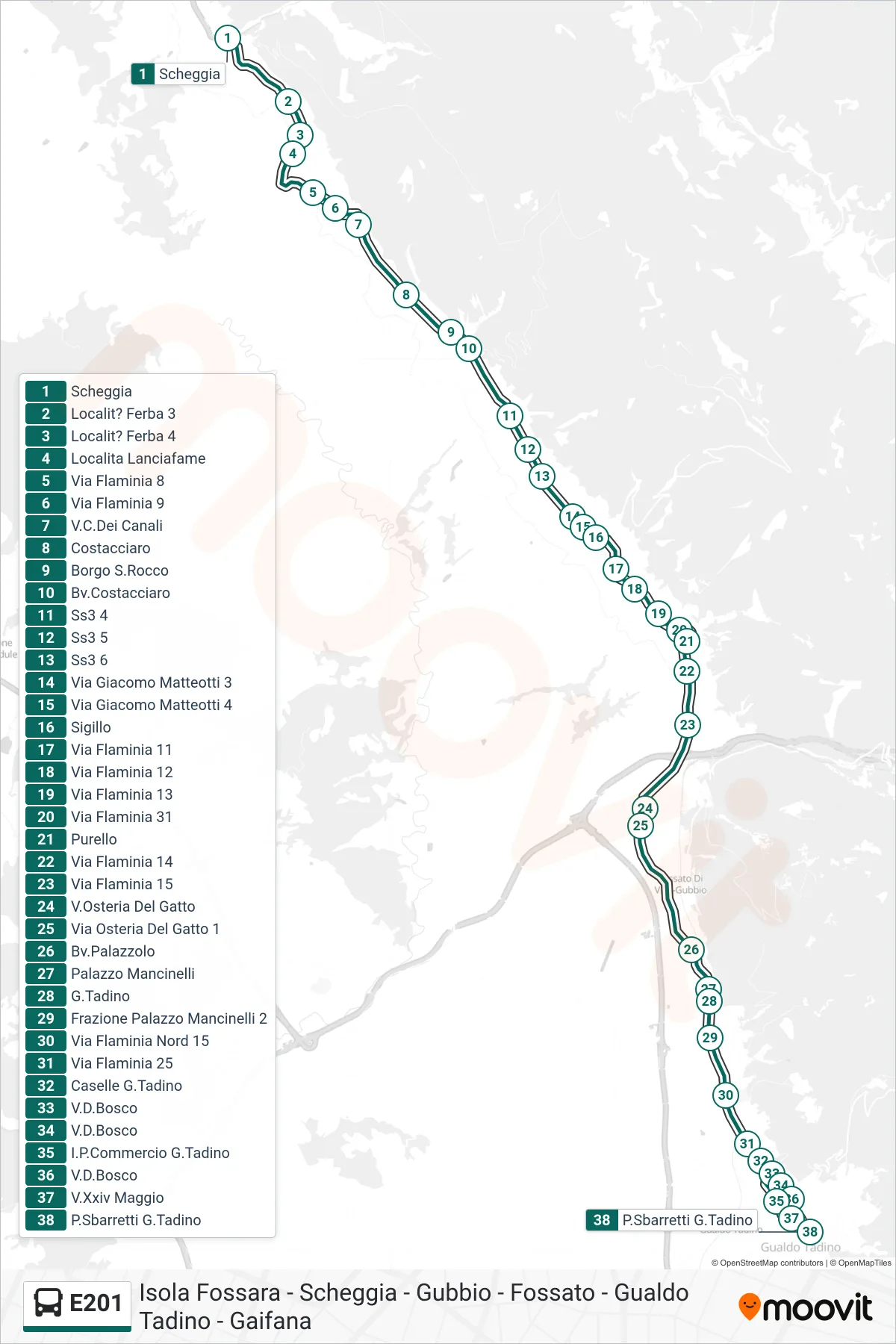 Linea E201 bus (Scheggia→P.Sbarretti G.Tadino) - Percorsi e fermate sulla mappa