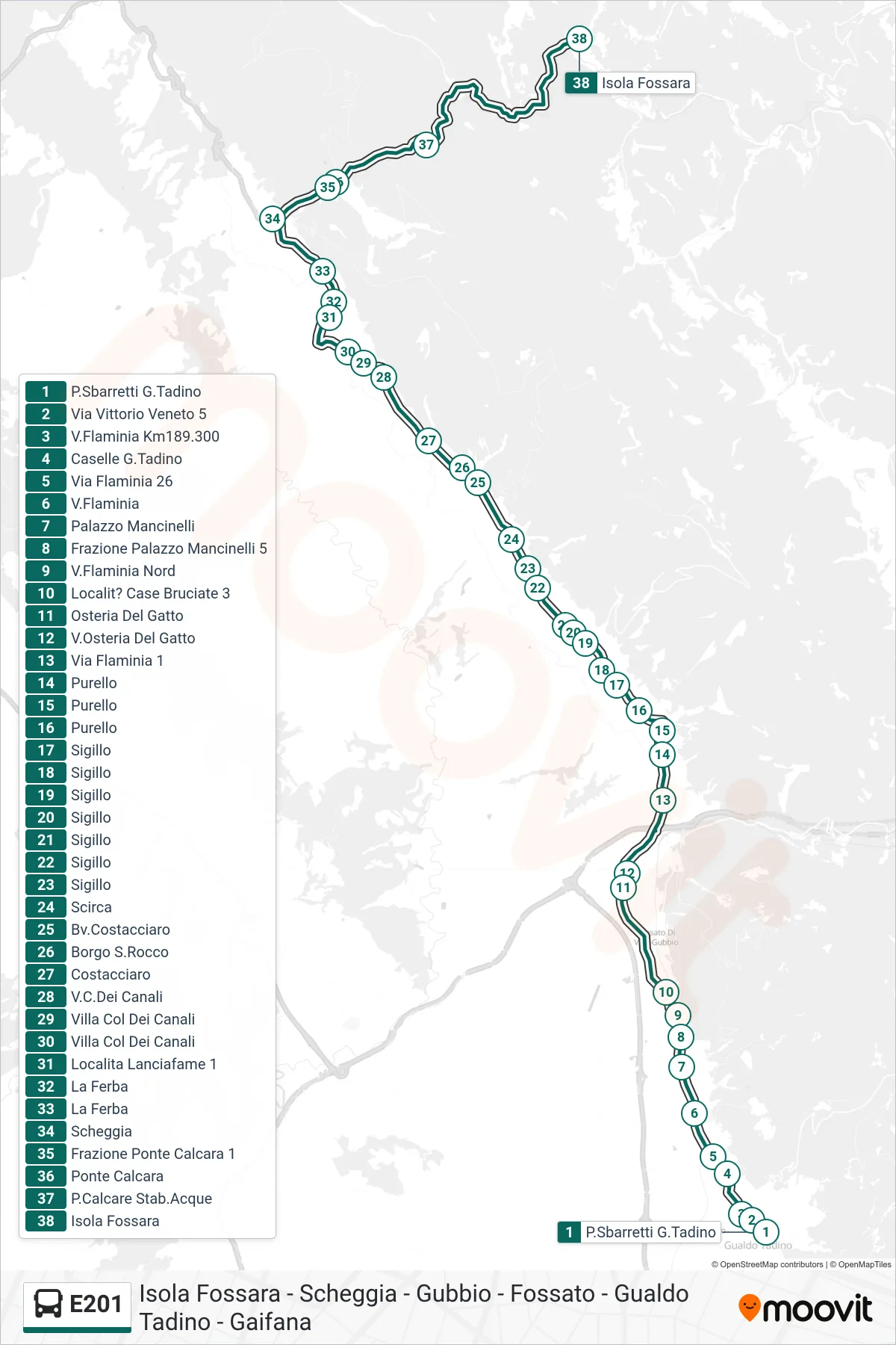 Linea E201  bus (P.Sbarretti G.Tadino‎→Isola Fossara) - Percorsi e fermate sulla mappa