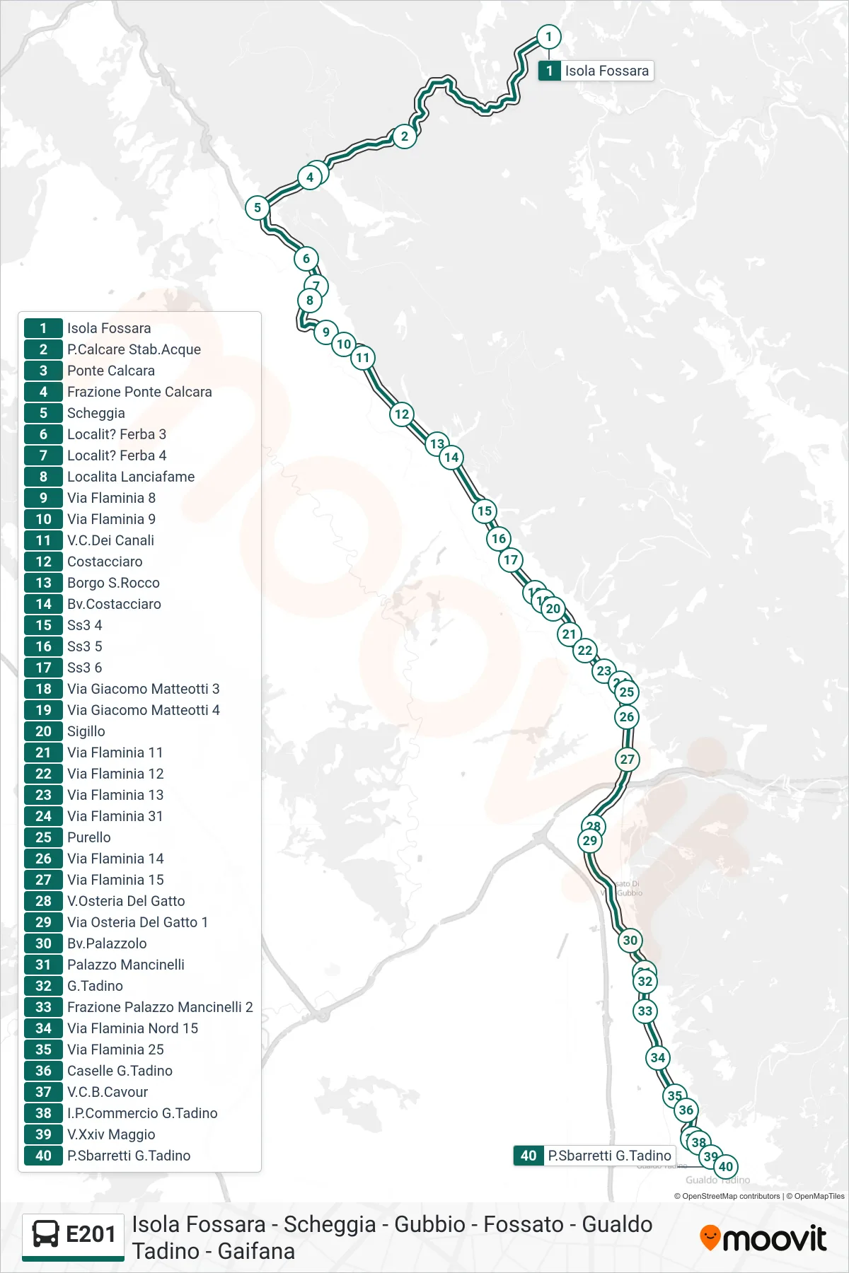 Linea E201 bus (Isola Fossara→P.Sbarretti G.Tadino) - Percorsi e fermate sulla mappa