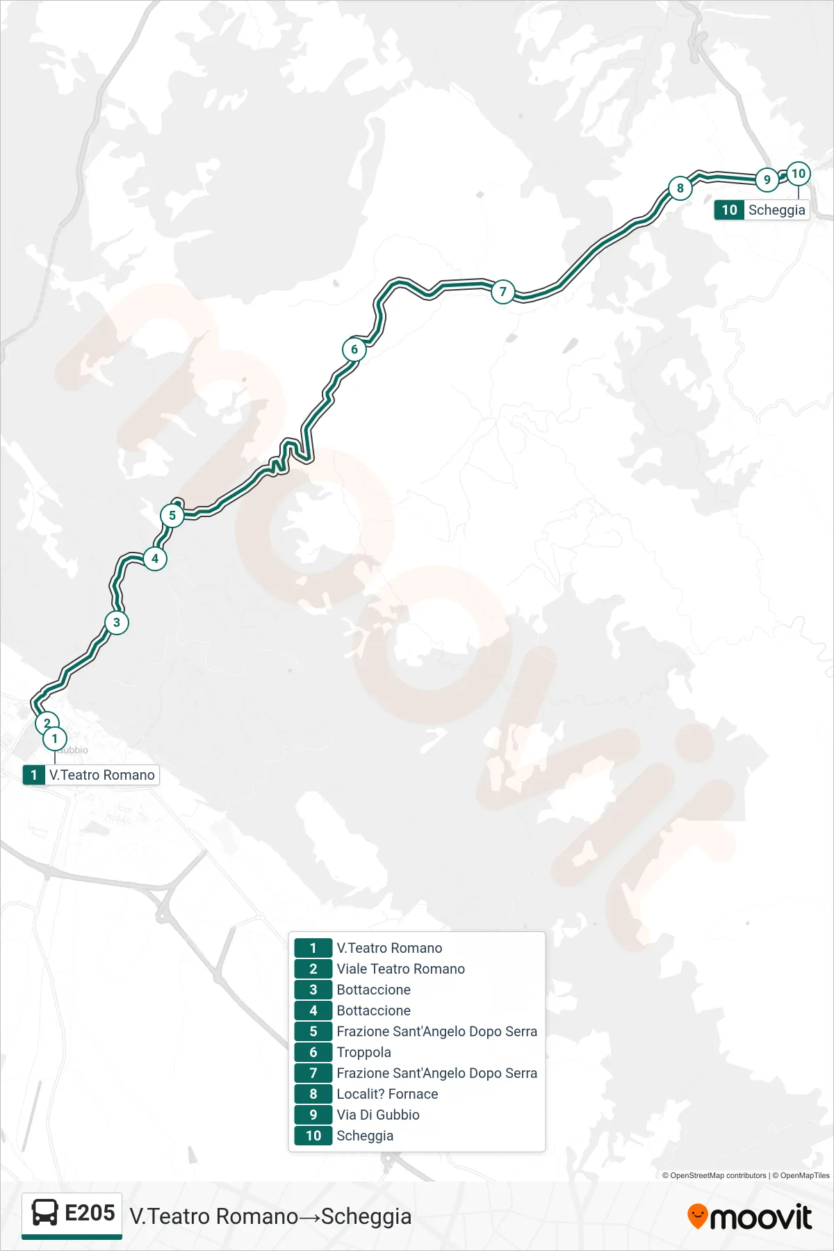 Linea E205 bus (V.Teatro Romano→Scheggia) - Percorsi e fermate sulla mappa