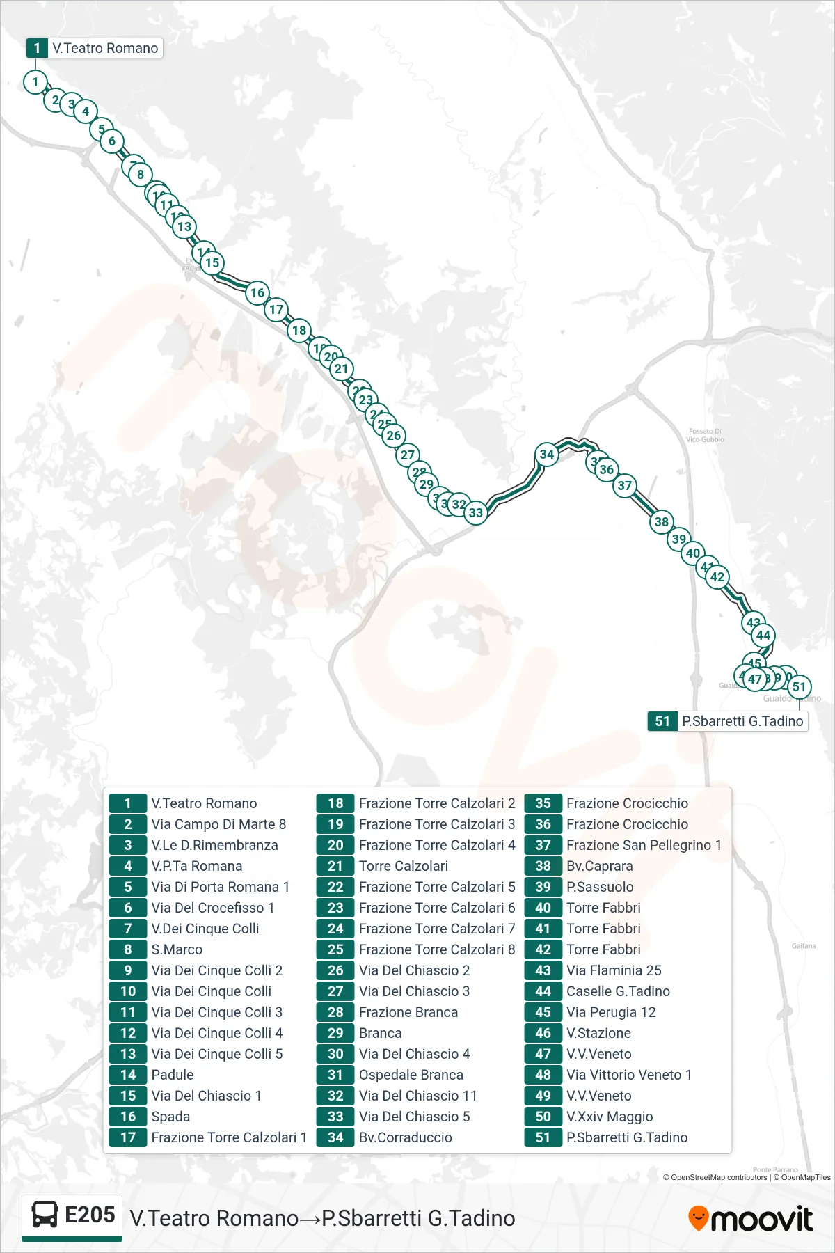 Linea E205  bus (V.Teatro Romano‎→P.Sbarretti G.Tadino) - Percorsi e fermate sulla mappa