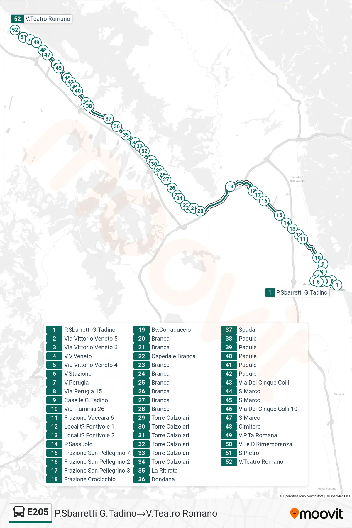 Linea E205 bus (P.Sbarretti G.Tadino→V.Teatro Romano) - Percorsi e fermate sulla mappa