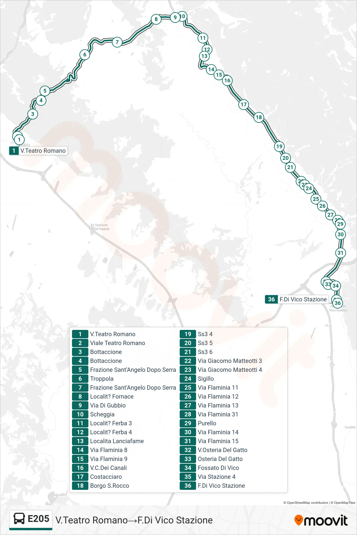 Linea E205 bus (V.Teatro Romano→F.Di Vico Stazione) - Percorsi e fermate sulla mappa