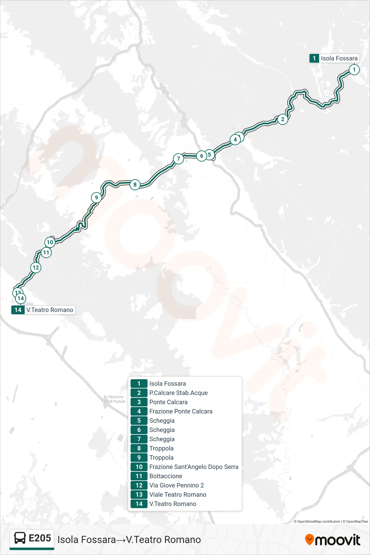 Linea E205 bus (Isola Fossara→V.Teatro Romano) - Percorsi e fermate sulla mappa