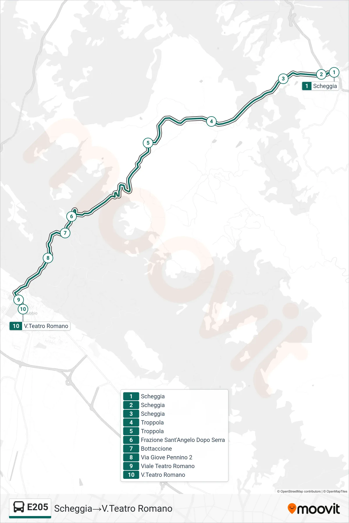 Linea E205 bus (Scheggia→V.Teatro Romano) - Percorsi e fermate sulla mappa