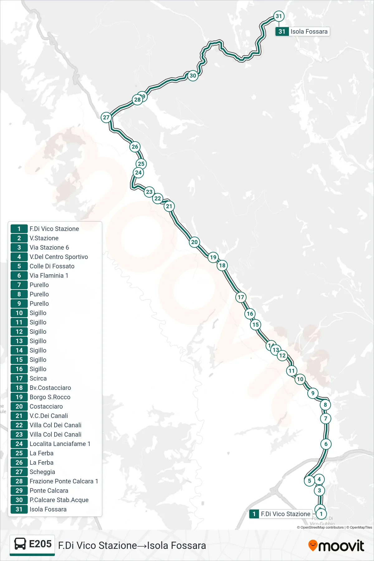 Linea E205 bus (F.Di Vico Stazione→Isola Fossara) - Percorsi e fermate sulla mappa