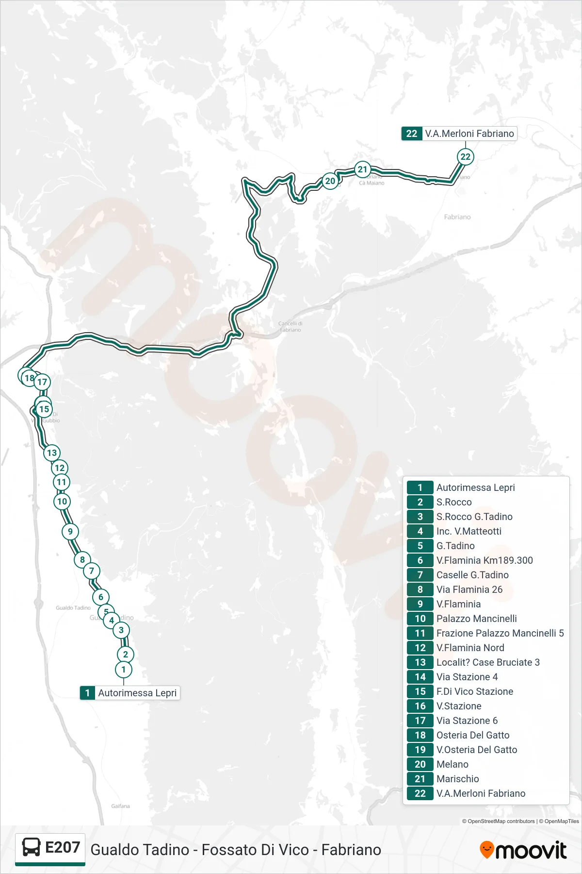 Linea E207 bus (Autorimessa Lepri→V.A.Merloni Fabriano) - Percorsi e fermate sulla mappa