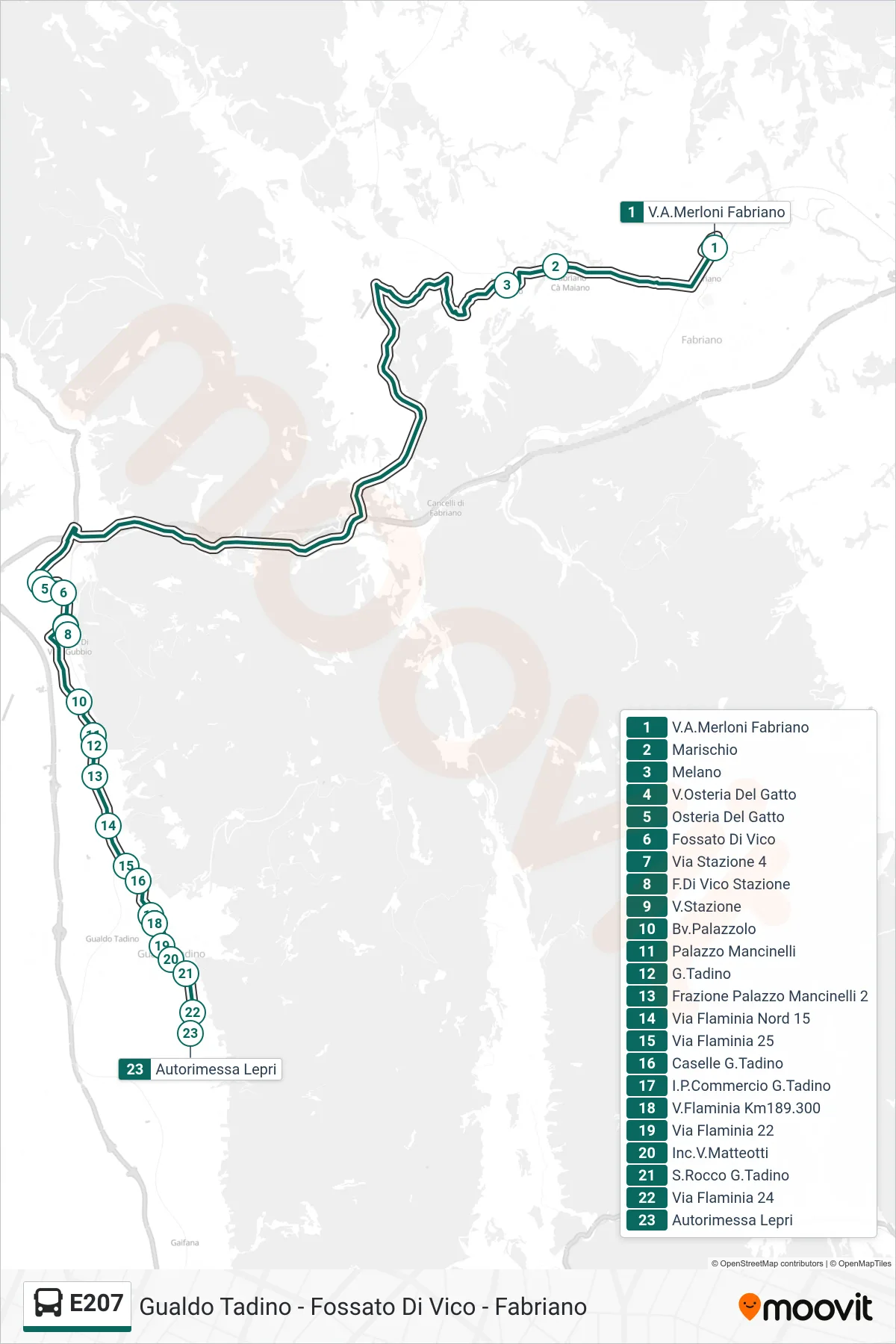 Linea E207 bus (V.A.Merloni Fabriano→Autorimessa Lepri) - Percorsi e fermate sulla mappa