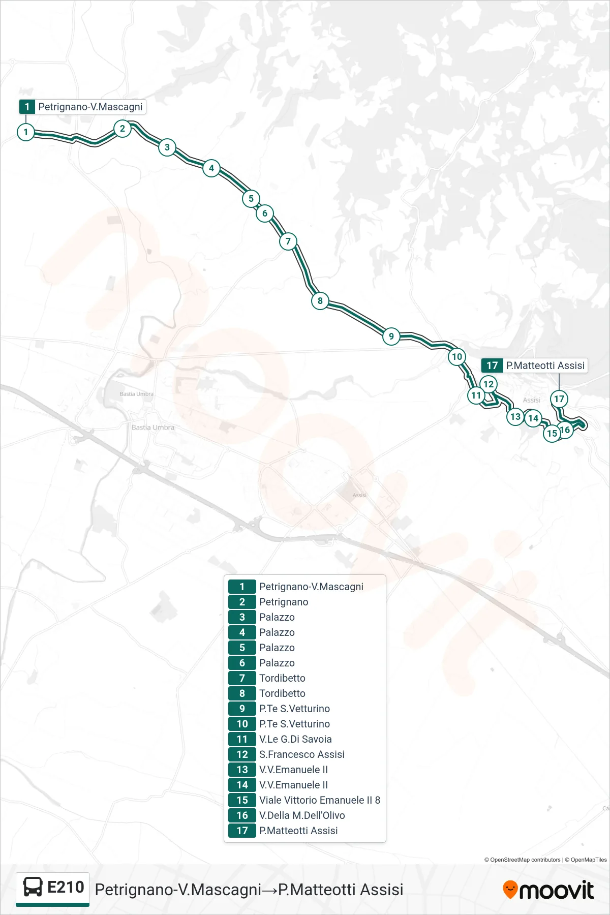 Linea E210 bus (Petrignano-V.Mascagni→P.Matteotti Assisi) - Percorsi e fermate sulla mappa