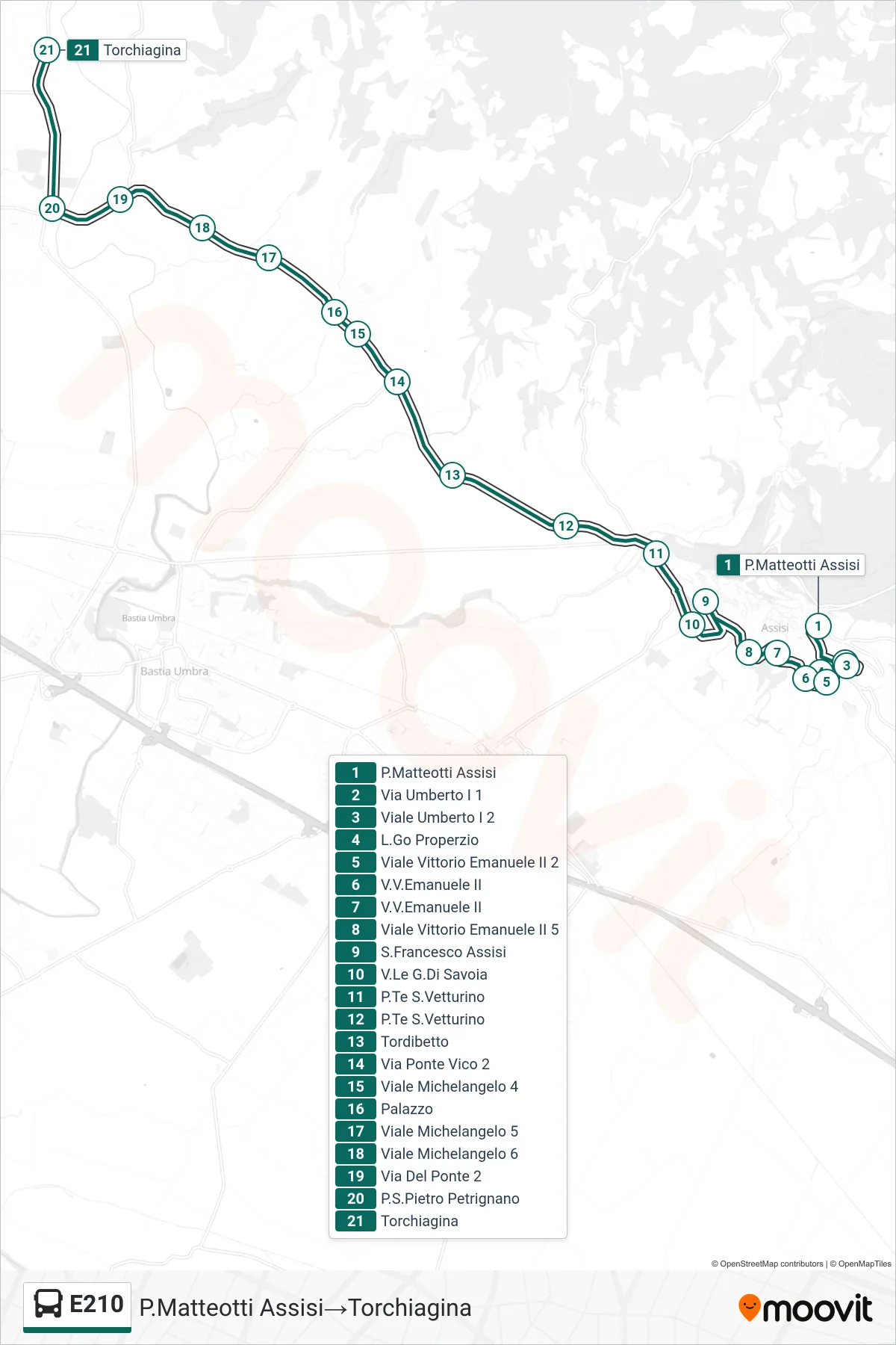 Linea E210  bus (P.Matteotti Assisi‎→Torchiagina) - Percorsi e fermate sulla mappa