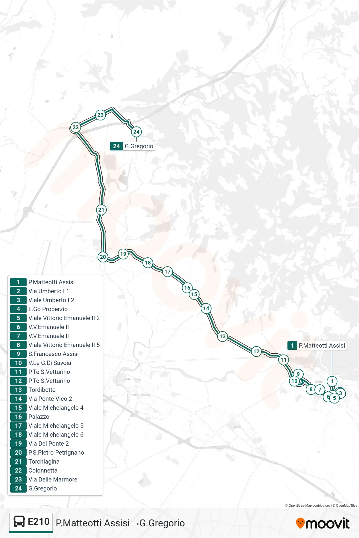 Linea E210 bus (P.Matteotti Assisi→G.Gregorio) - Percorsi e fermate sulla mappa
