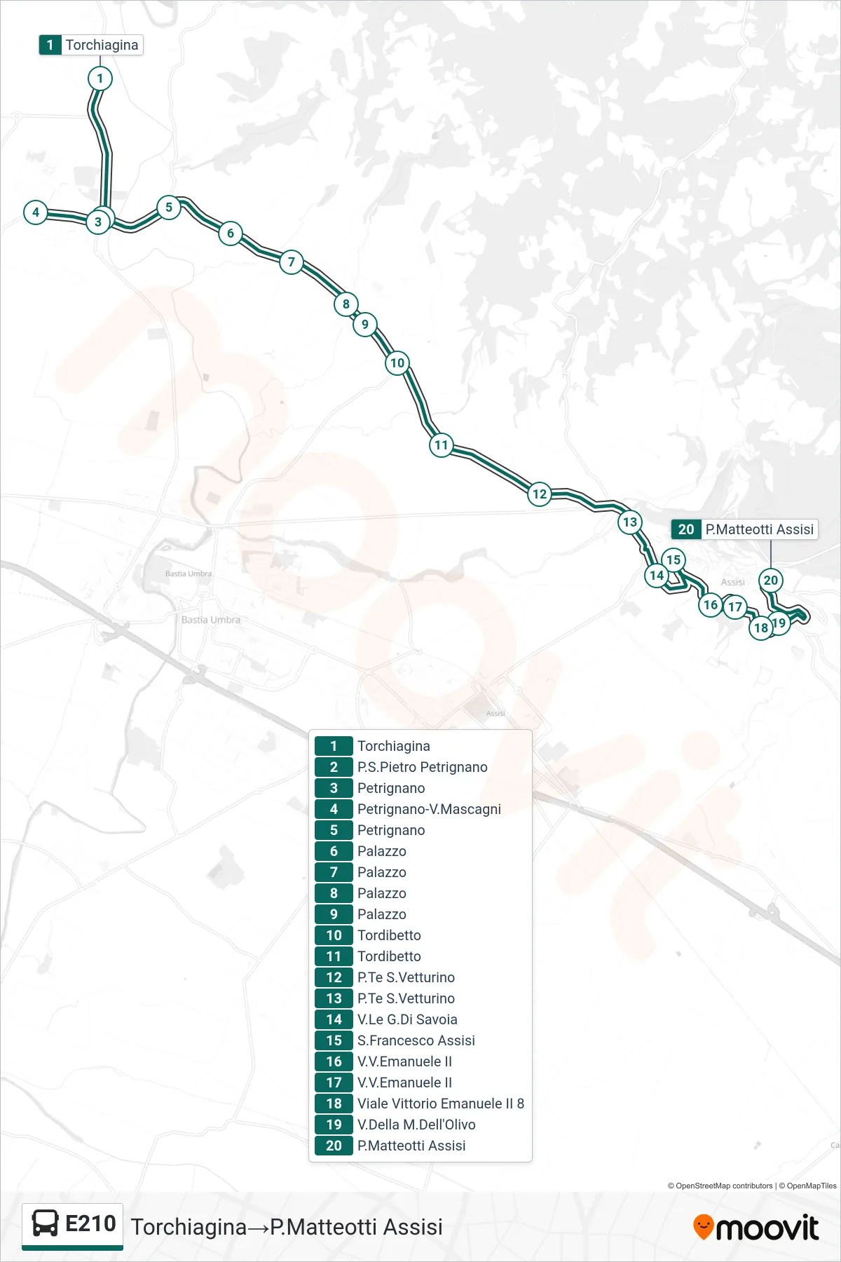 E210 bus Line (Torchiagina‎→Piazza Matteotti Assisi) route and stops on a map