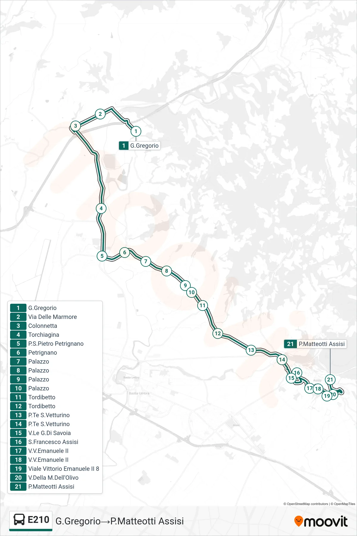 Linea E210 bus (G.Gregorio→P.Matteotti Assisi) - Percorsi e fermate sulla mappa
