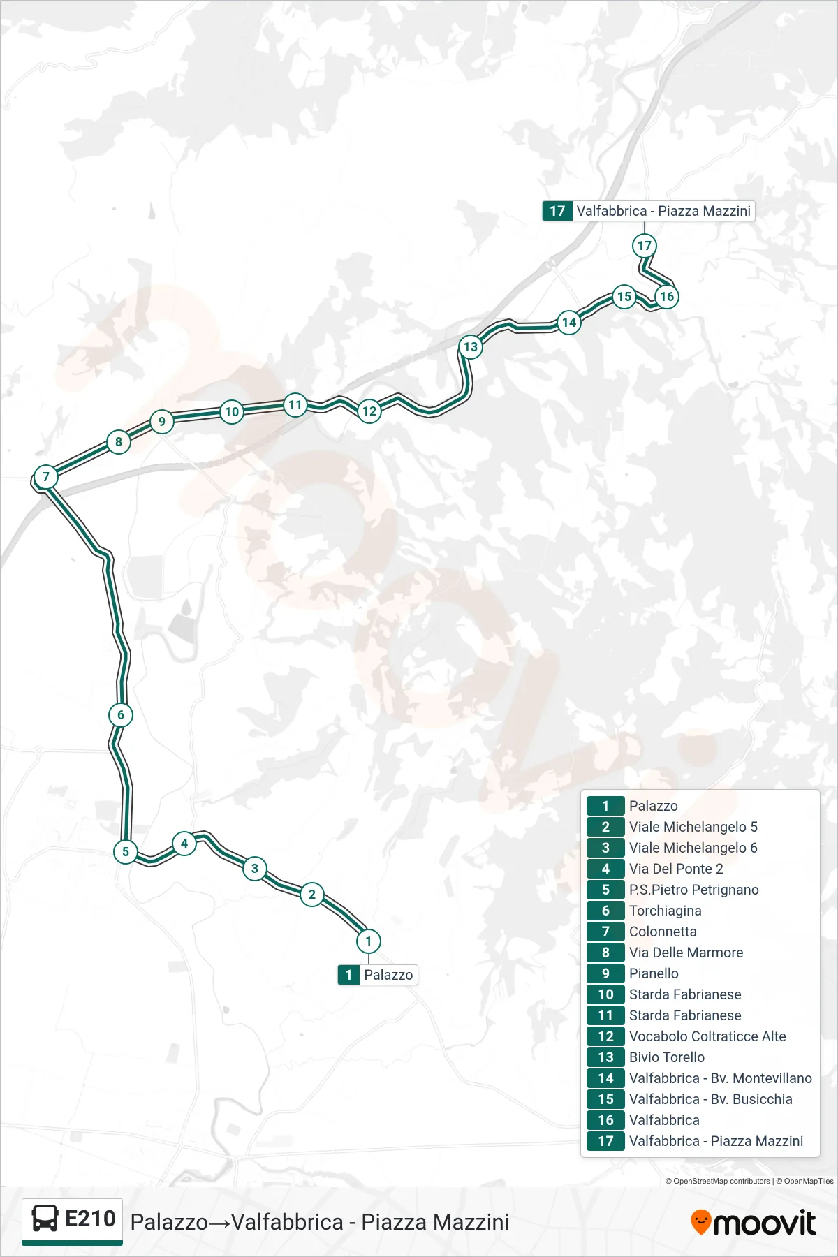 Linea E210 bus (Palazzo→Valfabbrica - Piazza Mazzini) - Percorsi e fermate sulla mappa