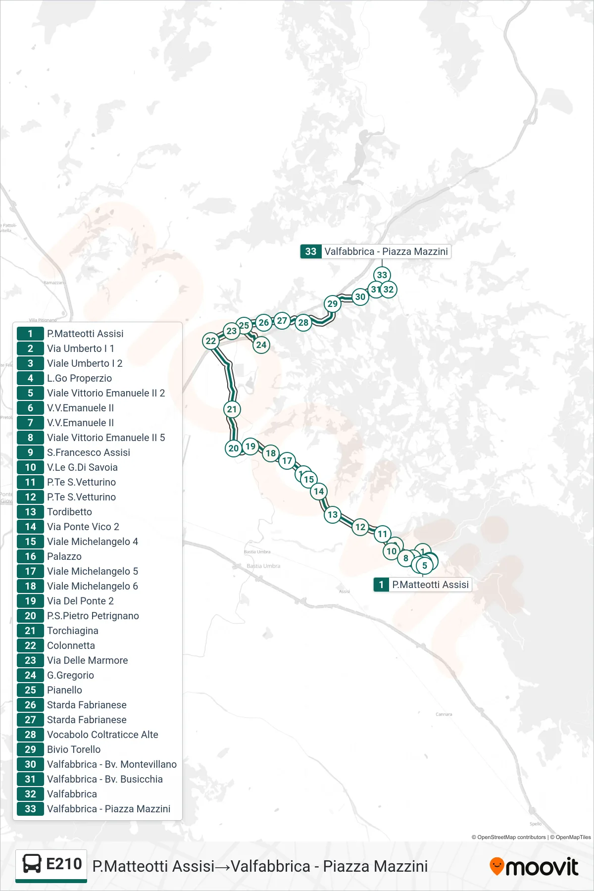 Linea E210  bus (P.Matteotti Assisi‎→Valfabbrica - Piazza Mazzini) - Percorsi e fermate sulla mappa