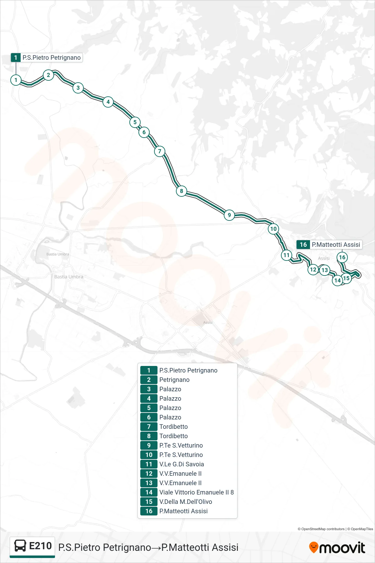Linea E210 bus (P.S.Pietro Petrignano→P.Matteotti Assisi) - Percorsi e fermate sulla mappa