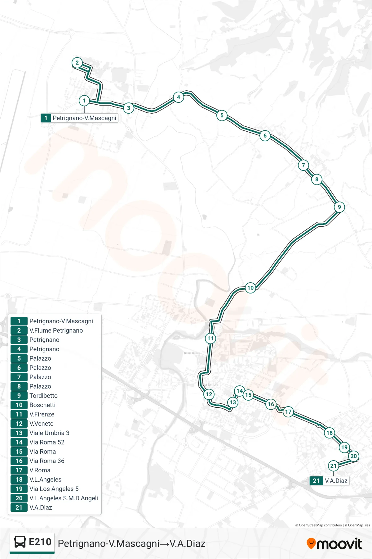 Linea E210  bus (Petrignano-V.Mascagni‎→V.A.Diaz) - Percorsi e fermate sulla mappa