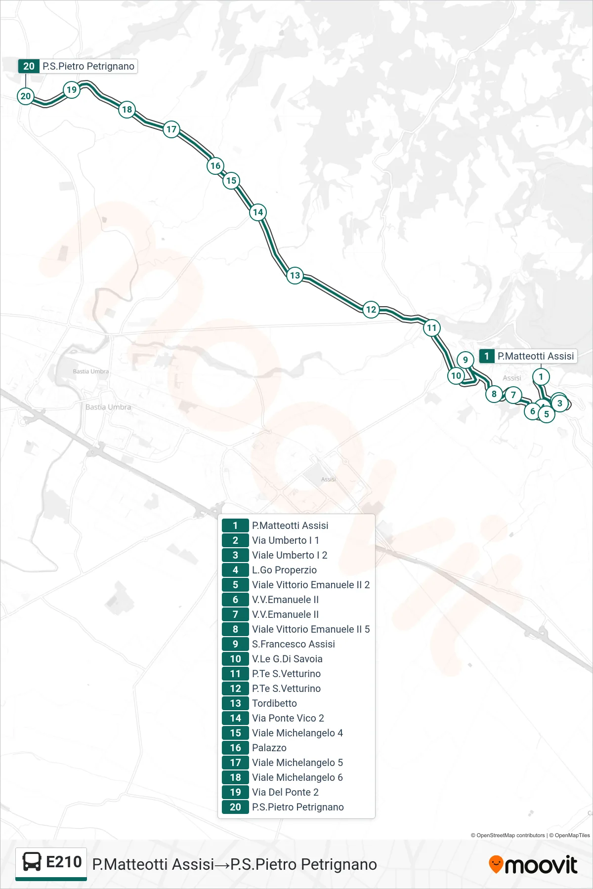 Linea E210 bus (P.Matteotti Assisi→P.S.Pietro Petrignano) - Percorsi e fermate sulla mappa