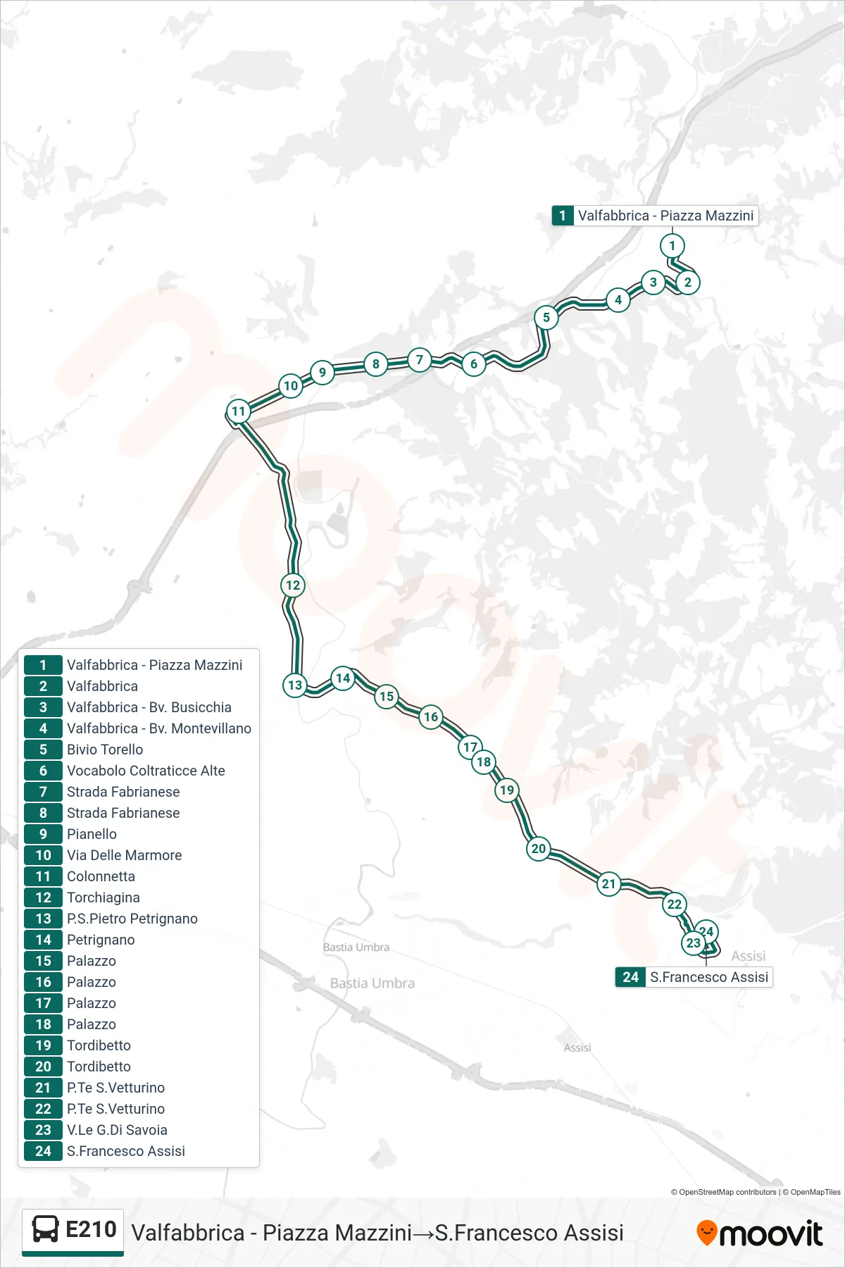 E210 bus Line (Valfabbrica - Piazza Mazzini→Saint Francis Assisi) route and stops on a map