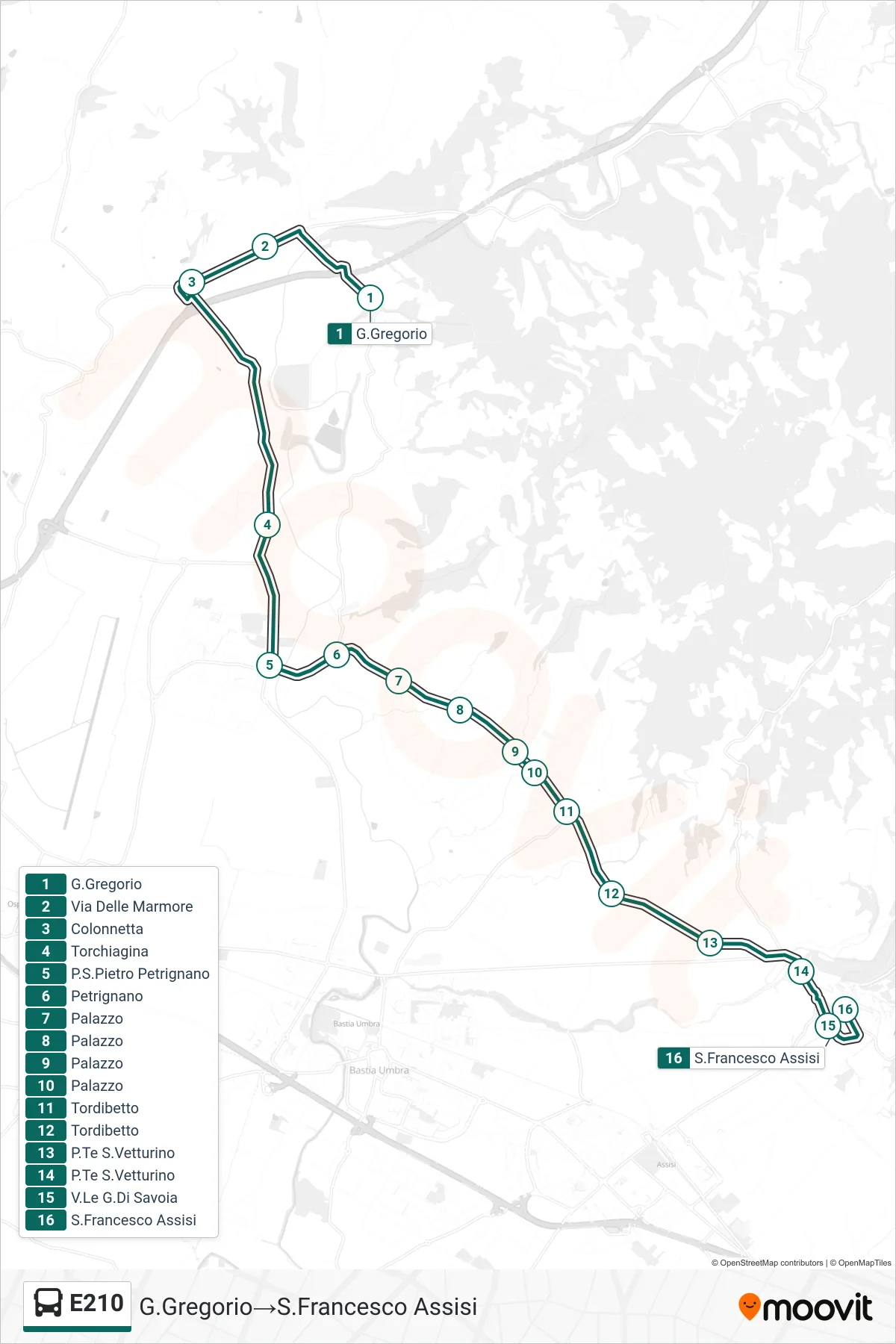 Linea E210 bus (G.Gregorio→S.Francesco Assisi) - Percorsi e fermate sulla mappa