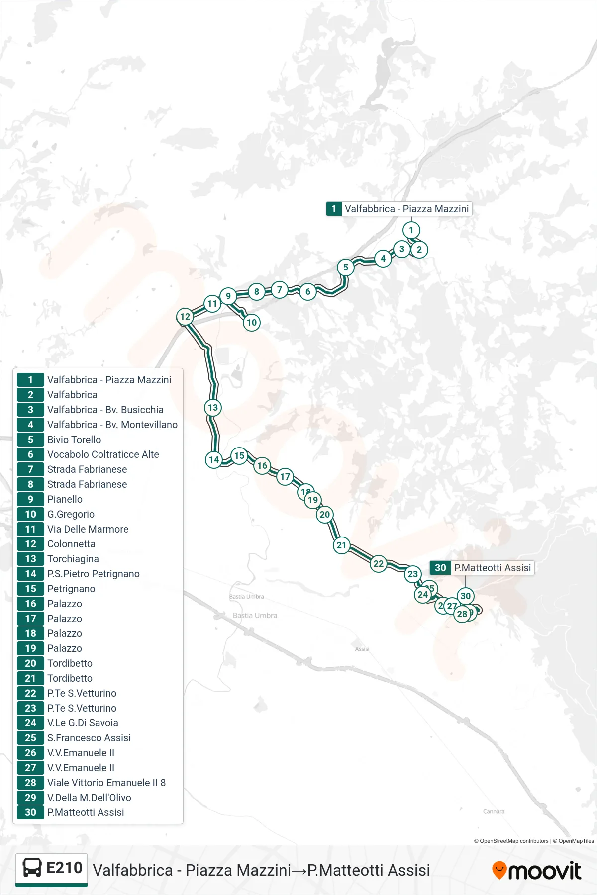 Linea E210 bus (Valfabbrica - Piazza Mazzini→P.Matteotti Assisi) - Percorsi e fermate sulla mappa