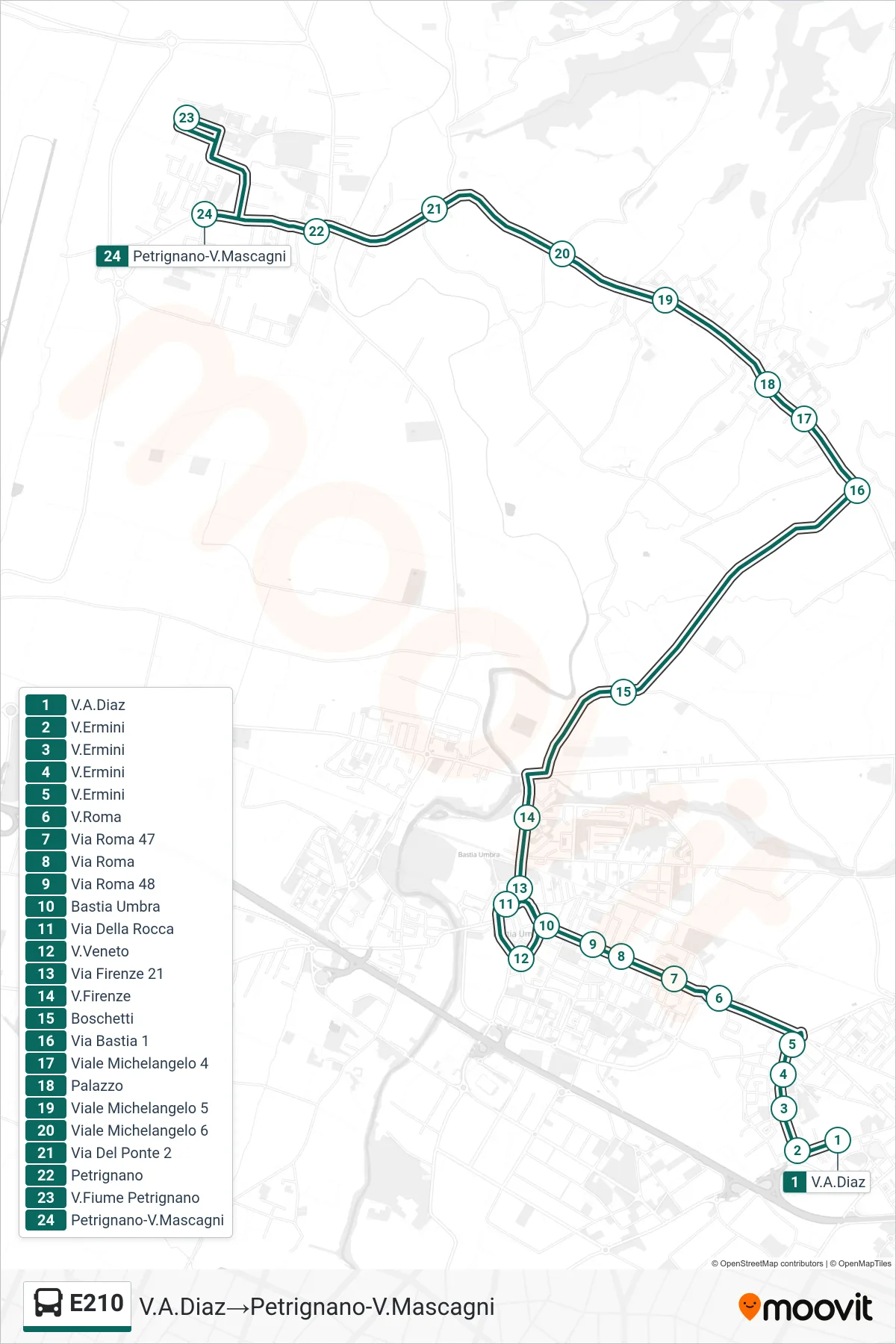 Linea E210 bus (V.A.Diaz→Petrignano-V.Mascagni) - Percorsi e fermate sulla mappa