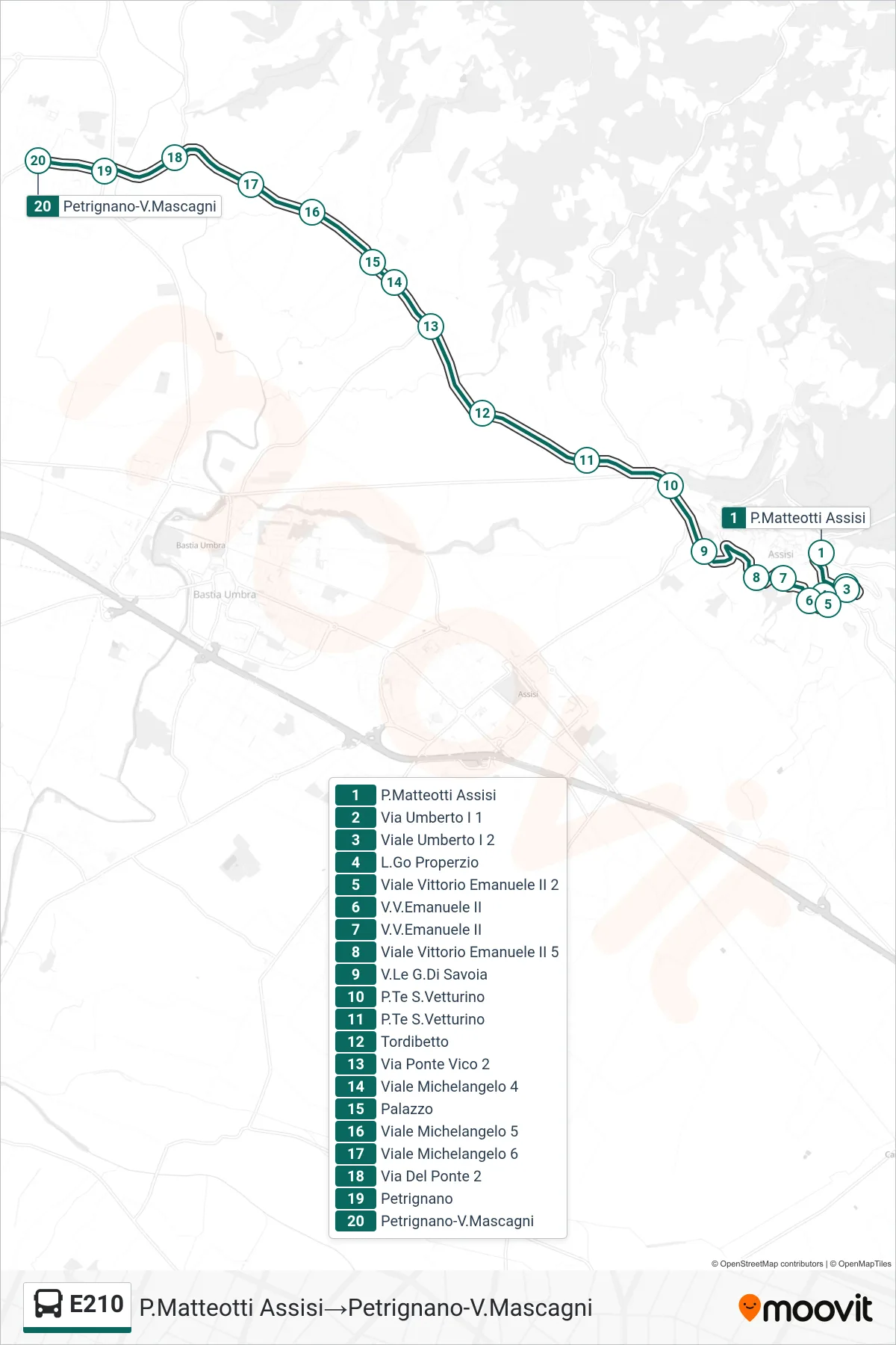 Linea E210 bus (P.Matteotti Assisi→Petrignano-V.Mascagni) - Percorsi e fermate sulla mappa