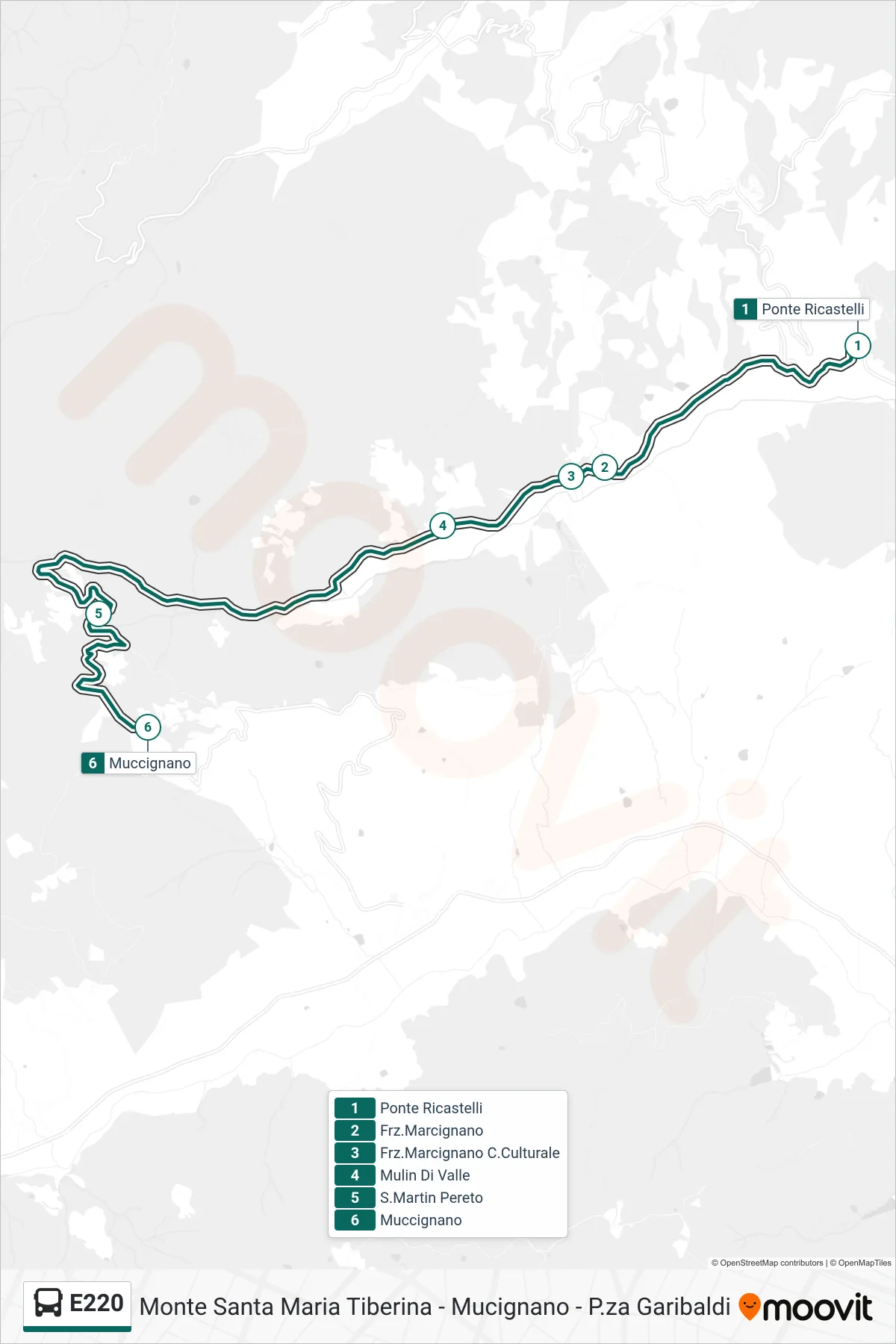 E220 bus Line (Ricastelli Bridge→Muccignano) route and stops on a map