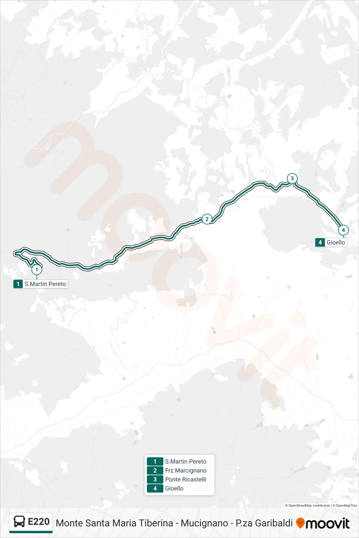 Linea E220 bus (S.Martin Pereto→Gioello) - Percorsi e fermate sulla mappa