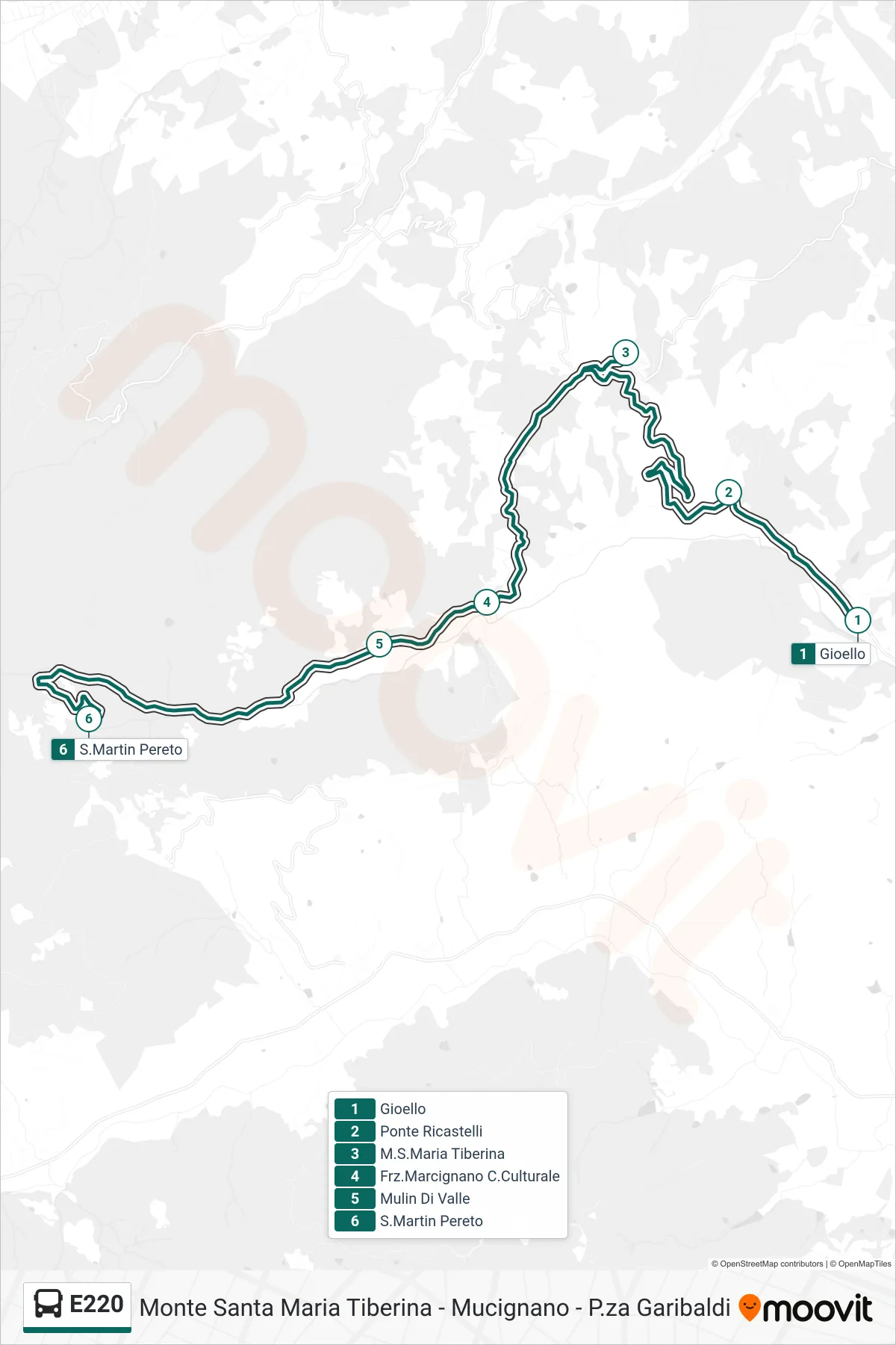 Linea E220 bus (Gioello→S.Martin Pereto) - Percorsi e fermate sulla mappa