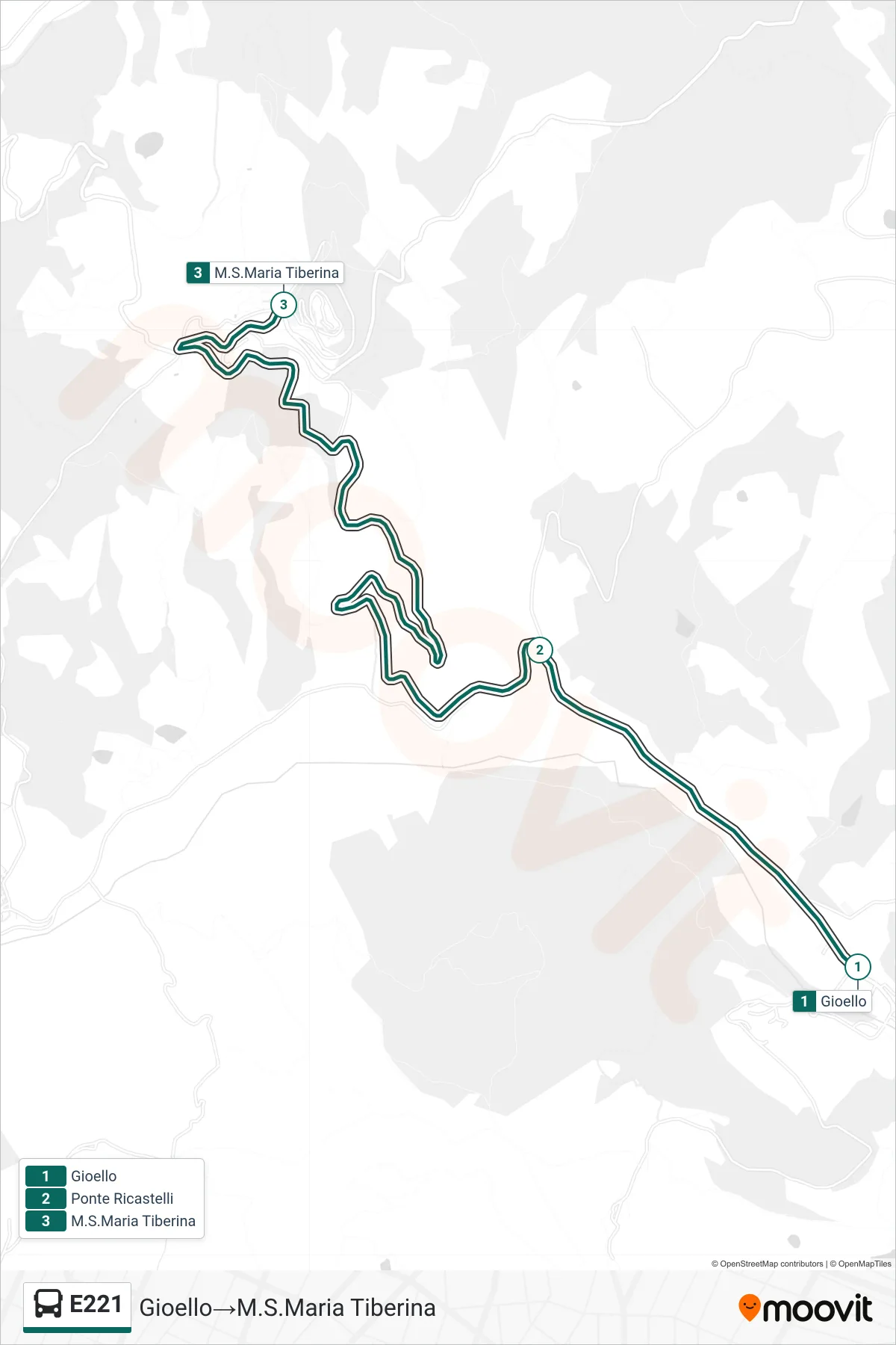 E221 bus Line (Gioello‎→Monte Santa Maria Tiberina) route and stops on a map