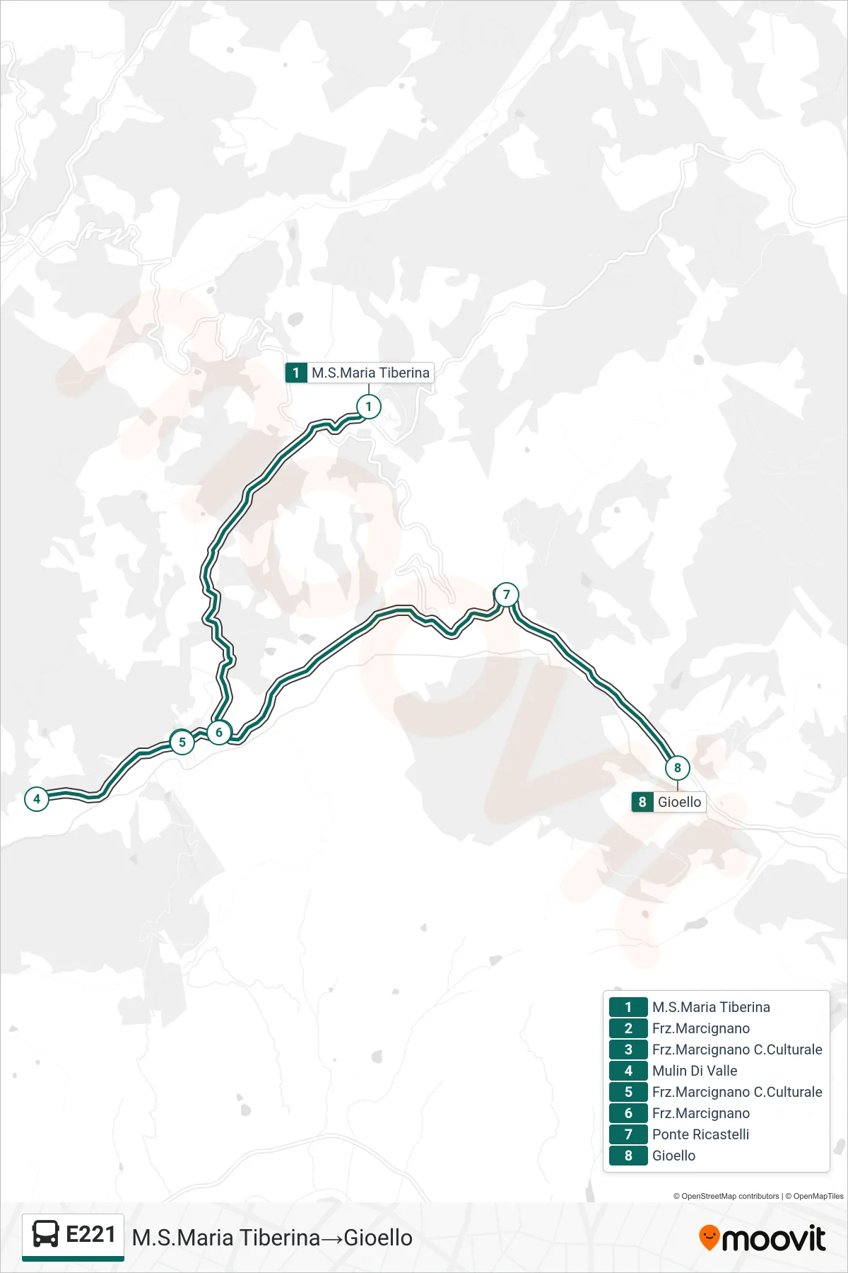 Linea E221 bus (M.S.Maria Tiberina→Gioello) - Percorsi e fermate sulla mappa