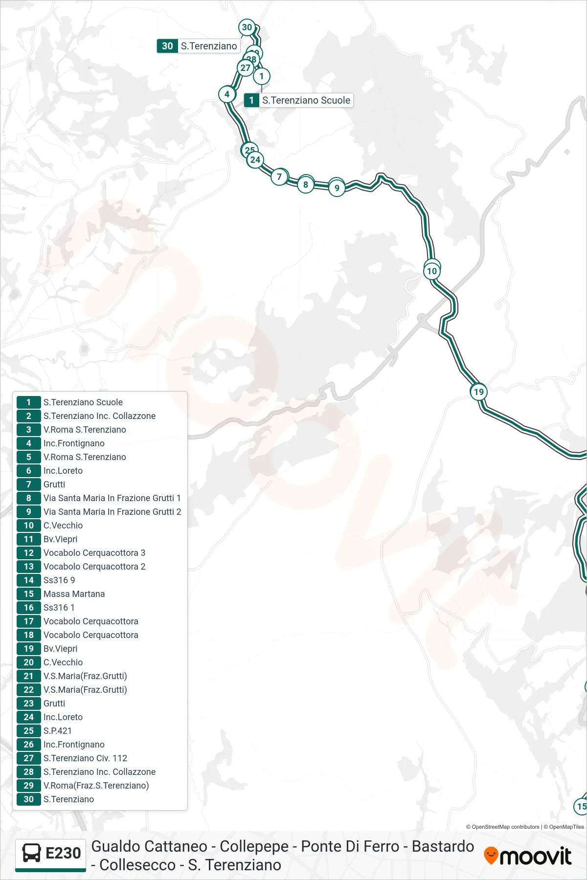 Linea E230  bus (S.Terenziano Scuole‎→S.Terenziano) - Percorsi e fermate sulla mappa