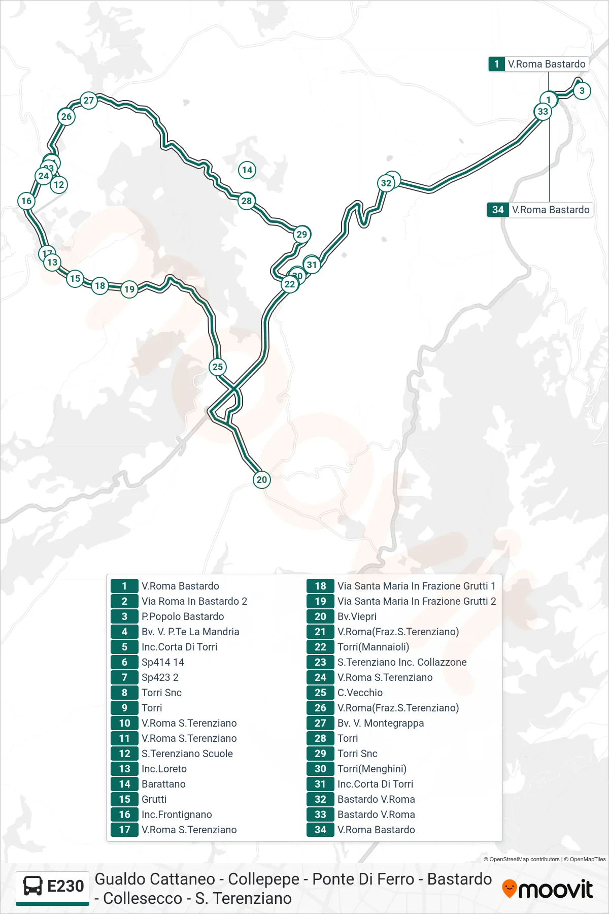 Linea E230 bus (P.Popolo Bastardo→P.Popolo Bastardo) - Percorsi e fermate sulla mappa