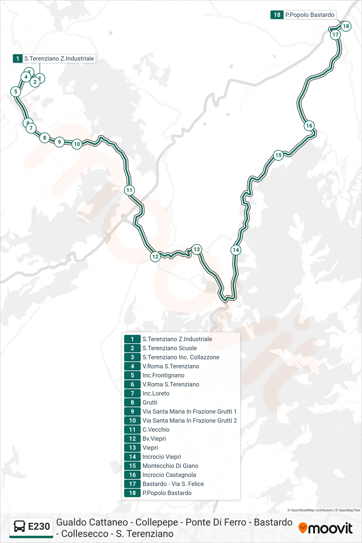 Linea E230  bus (S.Terenziano Z.Industriale‎→P.Popolo Bastardo) - Percorsi e fermate sulla mappa
