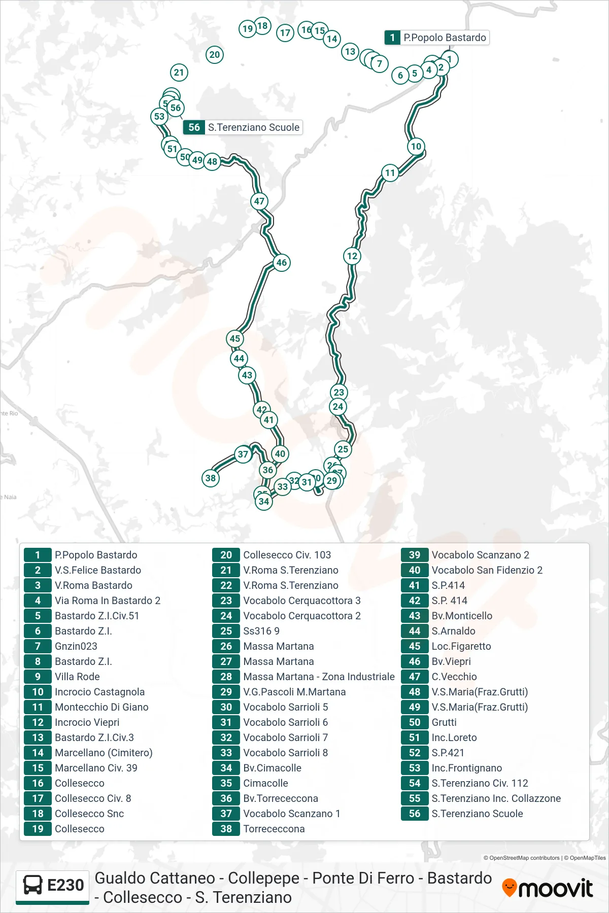 Linea E230 bus (P.Popolo Bastardo→S.Terenziano Scuole) - Percorsi e fermate sulla mappa