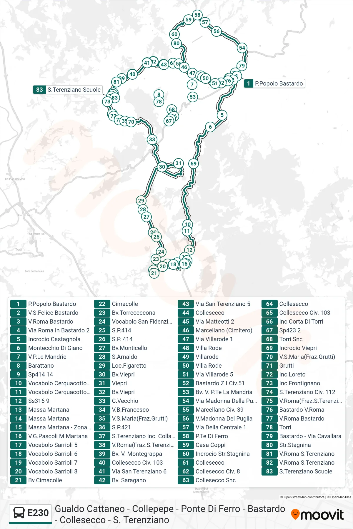 Linea E230  bus (P.Popolo Bastardo‎→S.Terenziano Scuole) - Percorsi e fermate sulla mappa