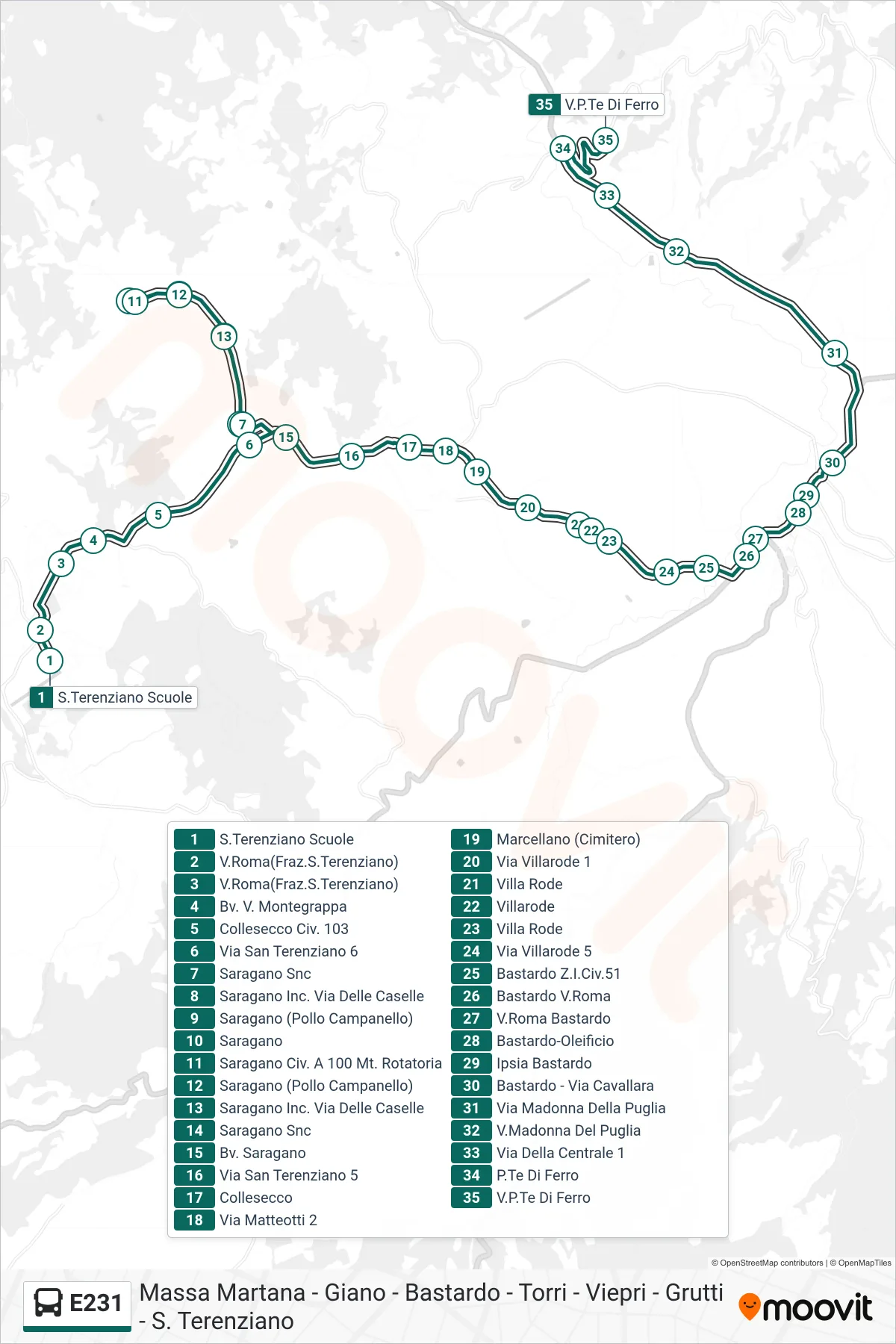 Linea E231 bus (S.Terenziano Scuole→V.P.Te Di Ferro) - Percorsi e fermate sulla mappa