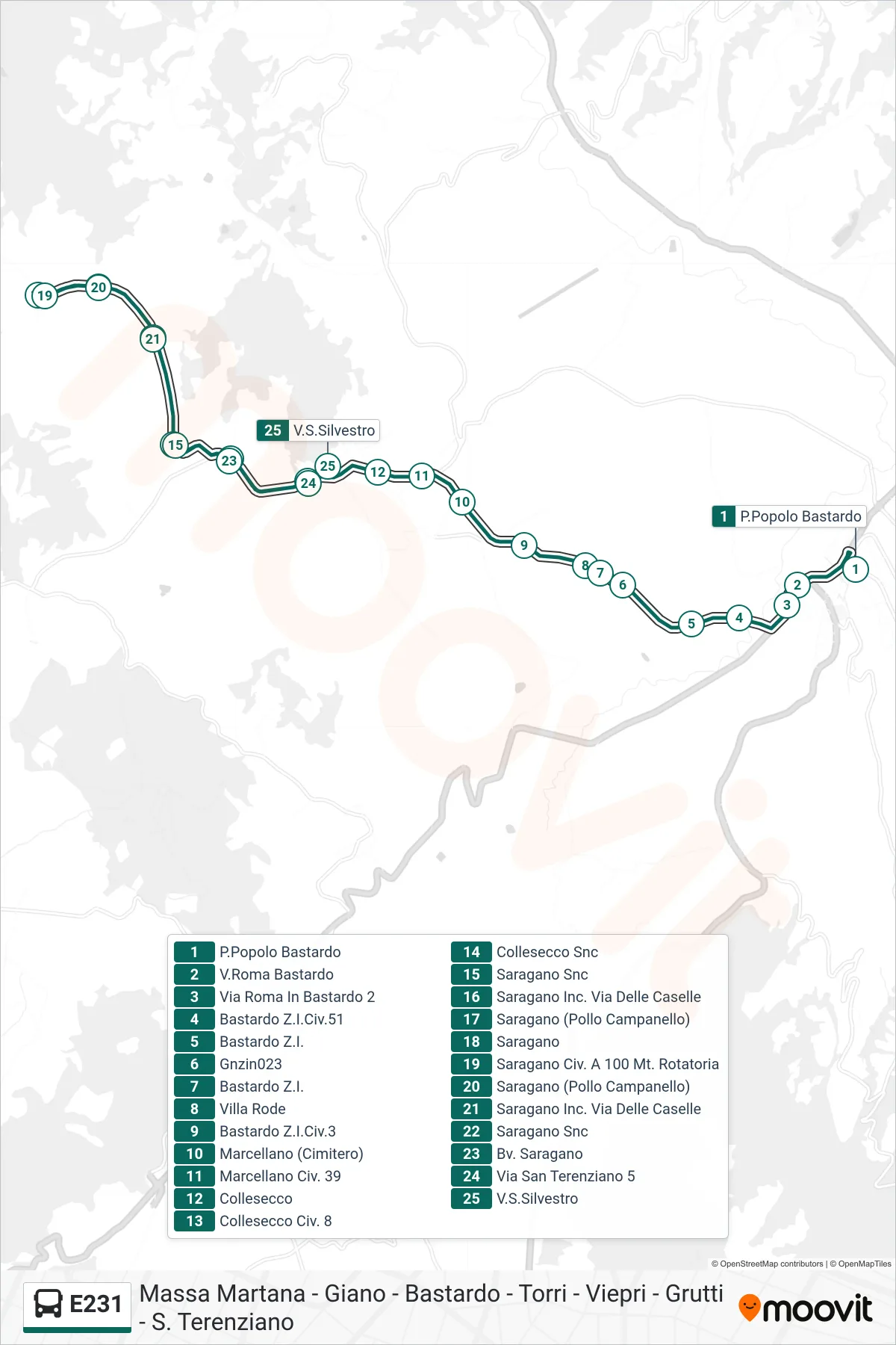 Linea E231  bus (P.Popolo Bastardo‎→V.S.Silvestro) - Percorsi e fermate sulla mappa