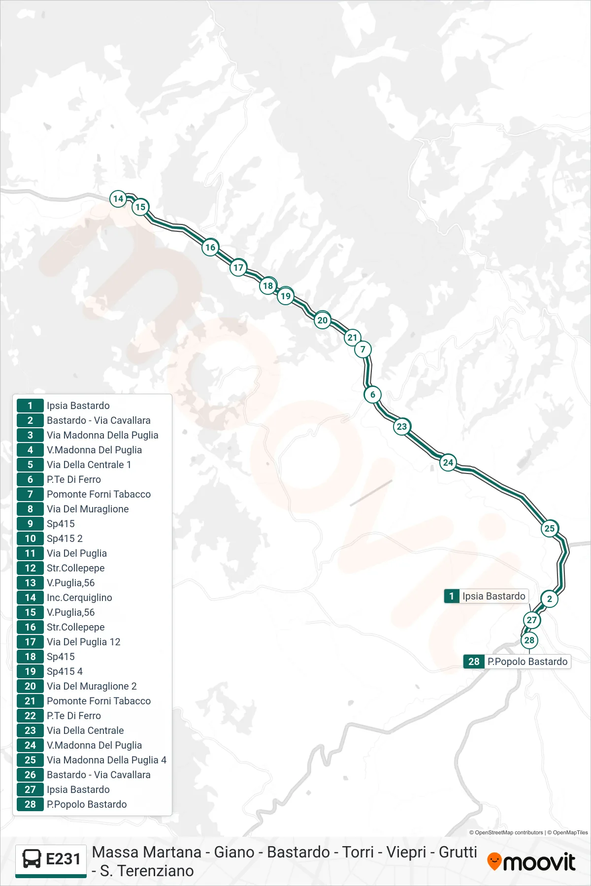 Linea E231 bus (Ipsia Bastardo→P.Popolo Bastardo) - Percorsi e fermate sulla mappa