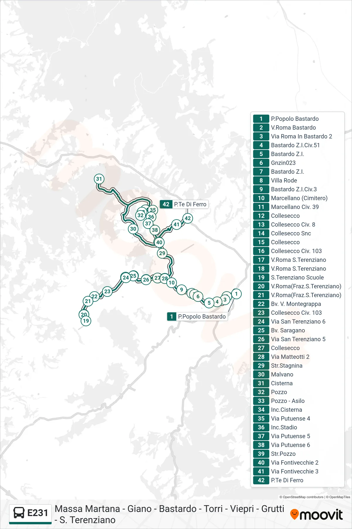 Linea E231 bus (P.Popolo Bastardo→P.Te Di Ferro) - Percorsi e fermate sulla mappa