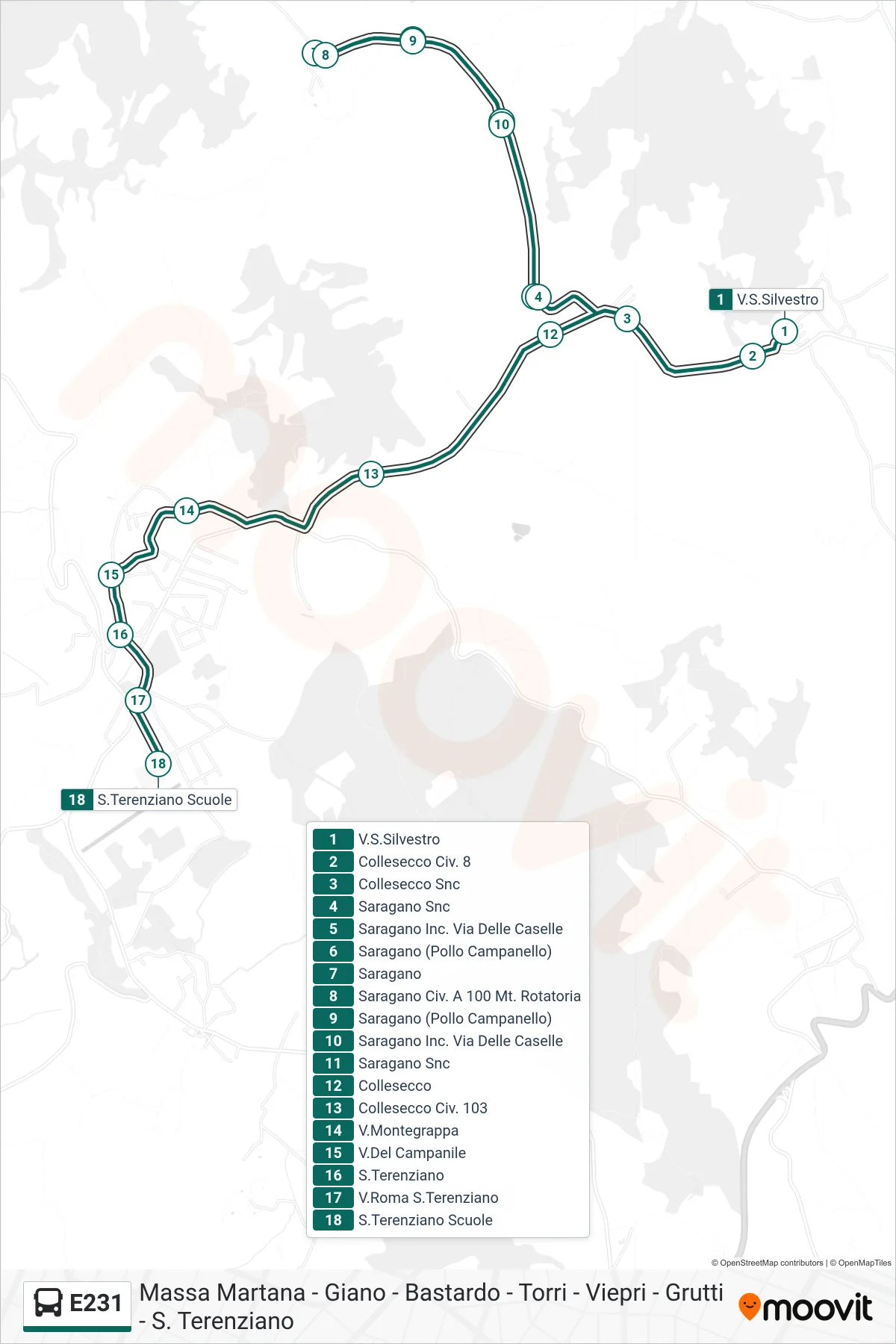 Linea E231 bus (V.S.Silvestro→S.Terenziano Scuole) - Percorsi e fermate sulla mappa